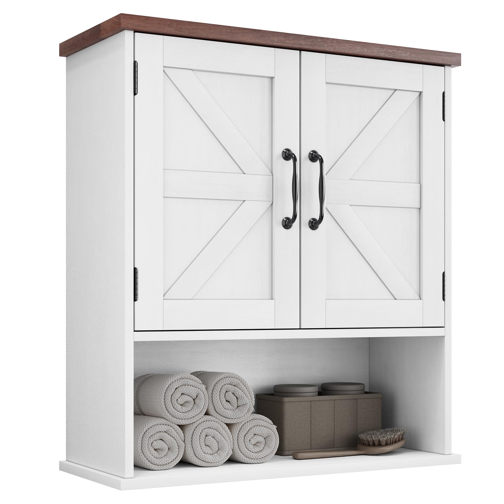 bathroom wall cabinet with barn doors, wall mounted bathroom cabinet, farmhouse style, adjustable shelf, wall mounted medicine cabinets, white