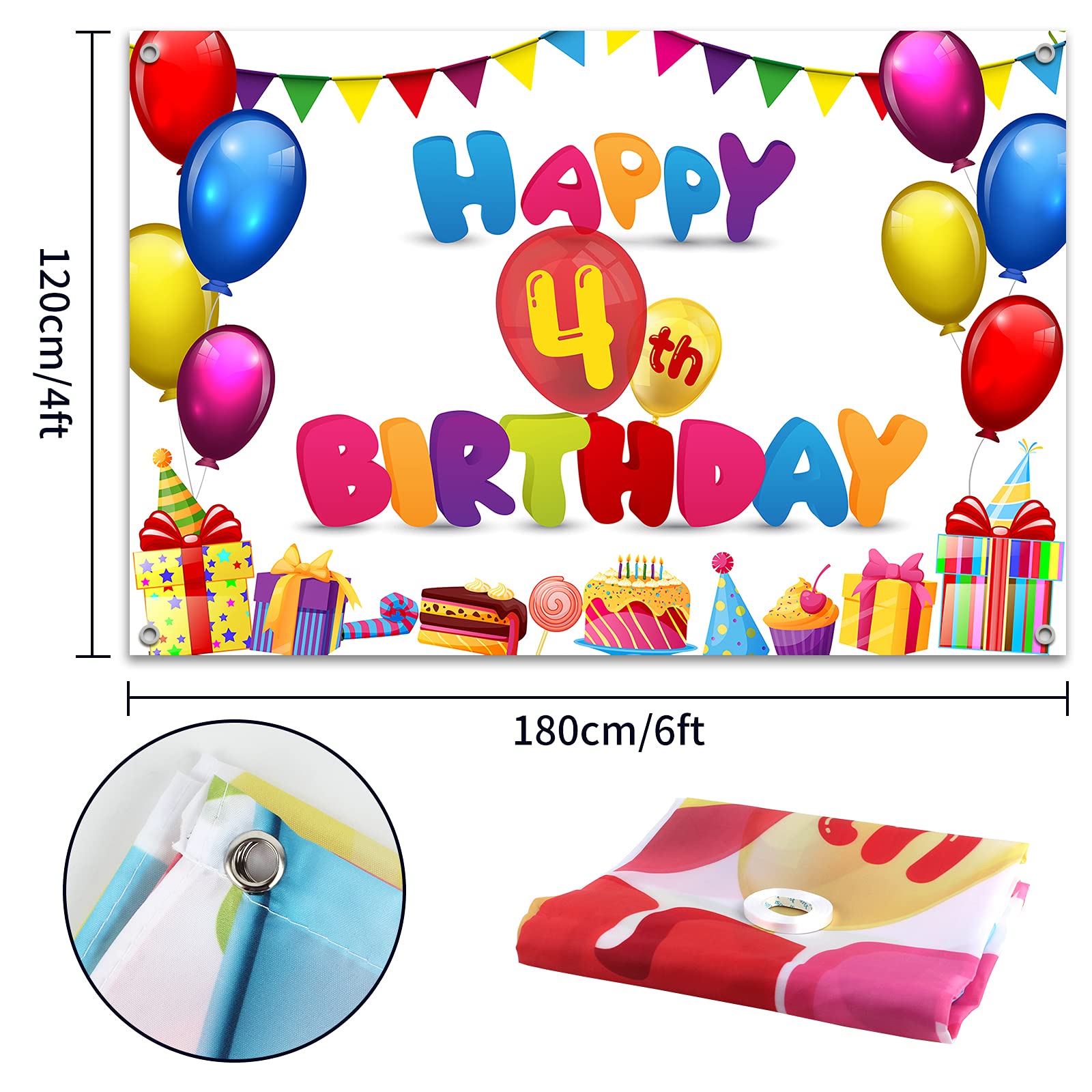 HAMIGAR 6x4ft Happy 4th Birthday Banner Backdrop - 4 Years Old Birthday Decorations Party Supplies for Girls Boys Kids - Colorful