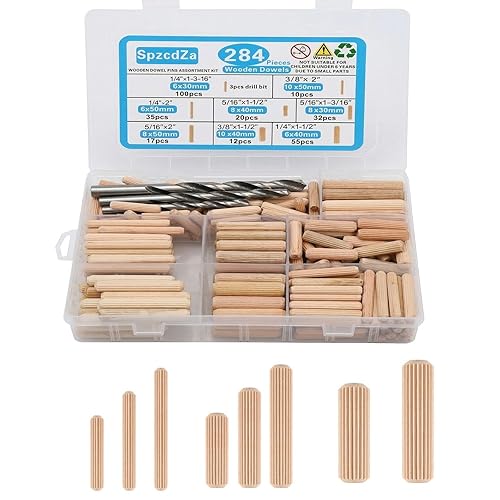 284pcs 8 Size Wood Dowels Kit 1/4 3/8 5/16 Inch