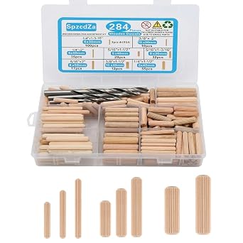284pcs 8 Size Wood Dowels Kit 1/4" 5/16 " 3/8" Inch Wooden Dowel Pins Hardware Pins for Woodworking Furniture DIY Crafts with 1/4", 5/16" and 3/8" Drill bit