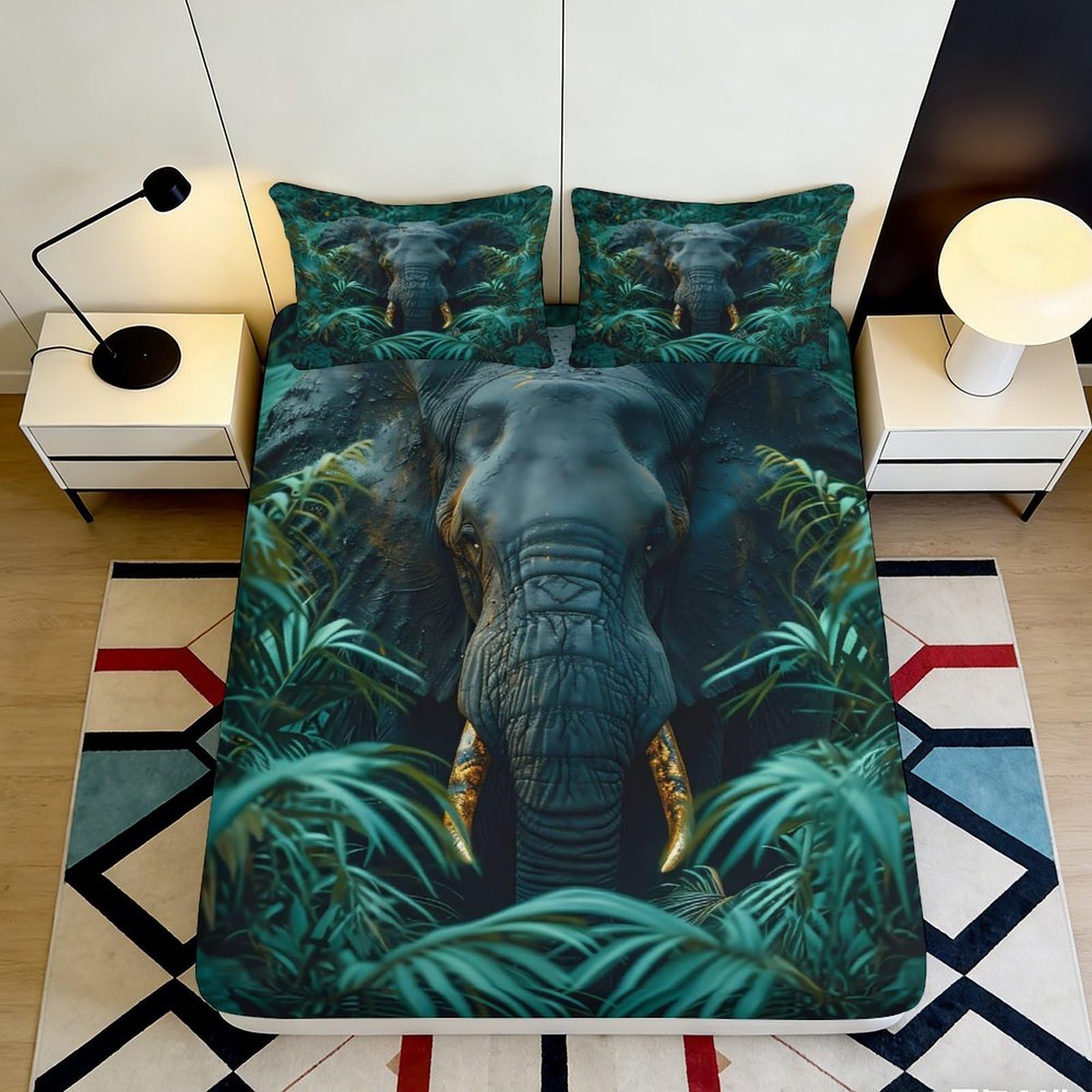 3D Printed Elephant Jungle Fitted Sheet Microfiber Soft Breathable African Wildlife Bed Cover for Bedroom Dormitory Guest Room Mattress Protection Decor 180x200x25cm