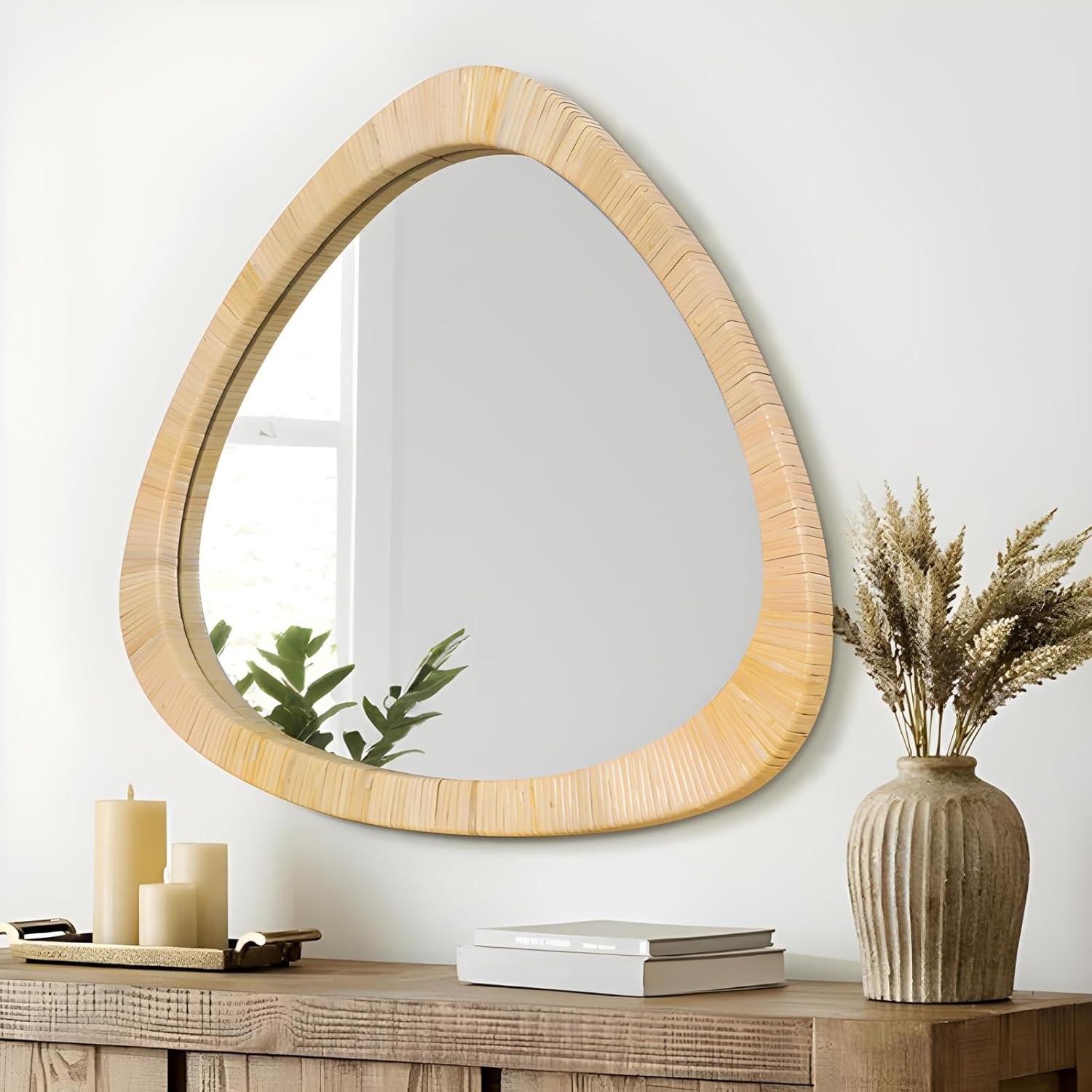 ULIKE Rattan Bathroom Mirror, Boho Mirror for Nursery Wall Décor, Wicker Rattan Framed Mirror for Wall, Rustic Farmhouse Mirror for Bedroom Living Room Entryway, 20"x25.5" 20x25.5