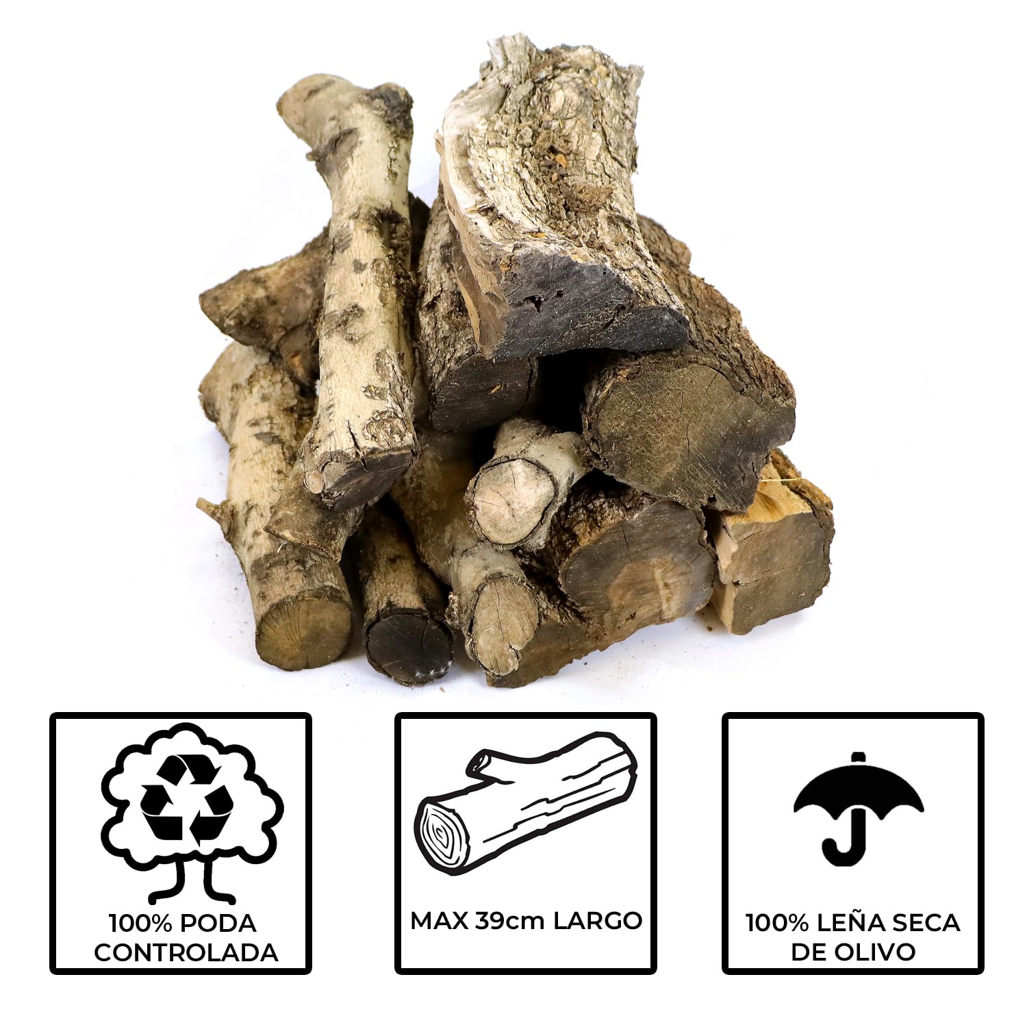 19kg Leña de Olivo, Troncos Medios. Ideal para hornos de Piedra y Todo Tipo de Chimeneas, Estufas y Cassetes. Enviada en Caja de cartón reciclada y reciclable.