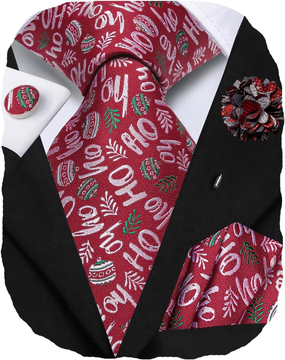 Hi-Tie Christmas Ties for Men Snowflake Xmas Christmas Tie Festival Necktie Lapel Pin Pocket Square Cufflinks Set