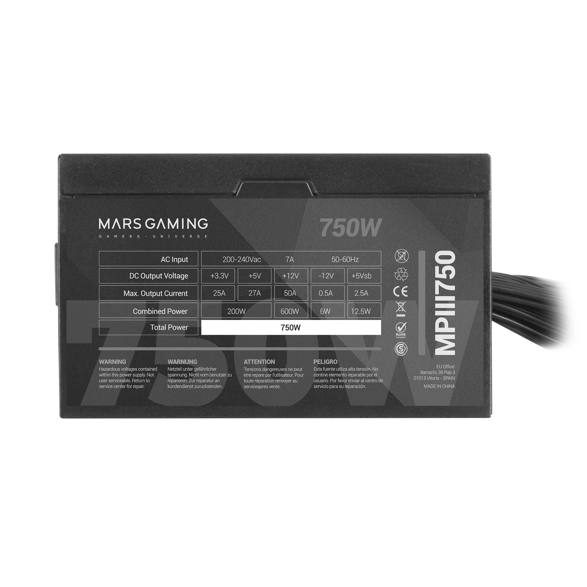 Mars Gaming MPIII750 ATX-Netzteil, 750W, 80 Plus Bronze, Schwarz | 5 Jahre Garantie, 80Plus Bronze-zertifiziert, 86 % Energieeffizienz, APFC, 120mm-AI-RPM-FDB-Lüfter, DC-DC und SMD