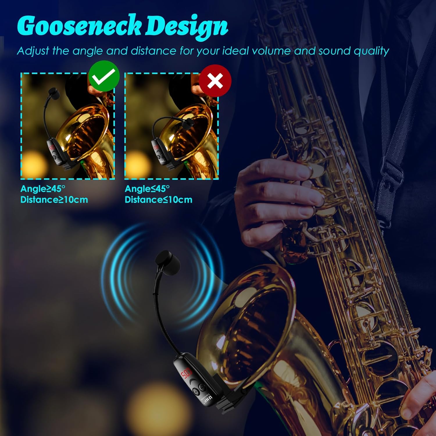 UHF Wireless Instruments Microphone,Saxophone Microphone,Wireless Receiver and Transmitter,164ft Range,Plug and Play,Great for Trumpets, Clarinet, Cello