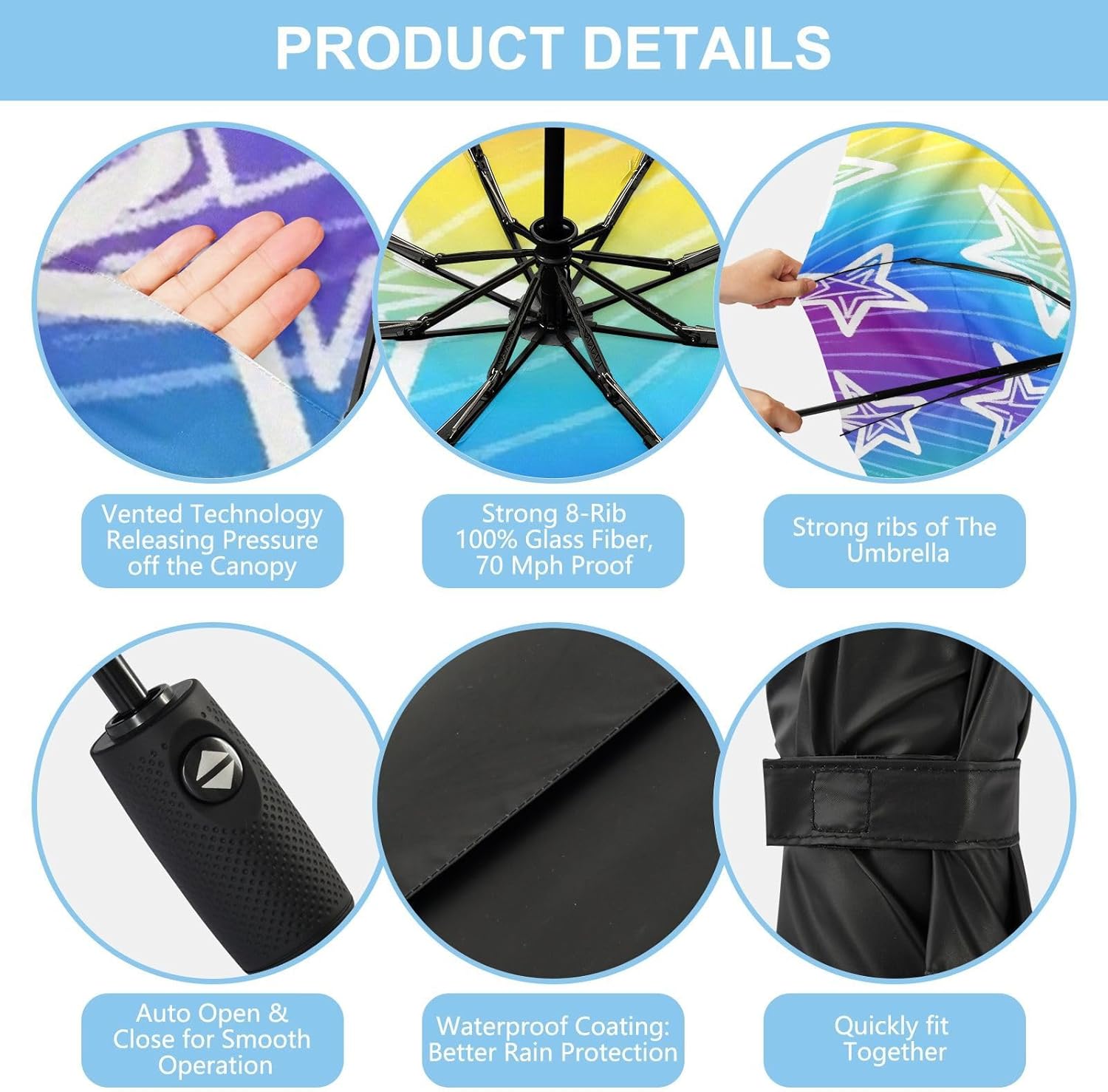 Colorful Stars Wind Proof Umbrella Compact Foldable Umbrellas for College Dorm Fits Backpack