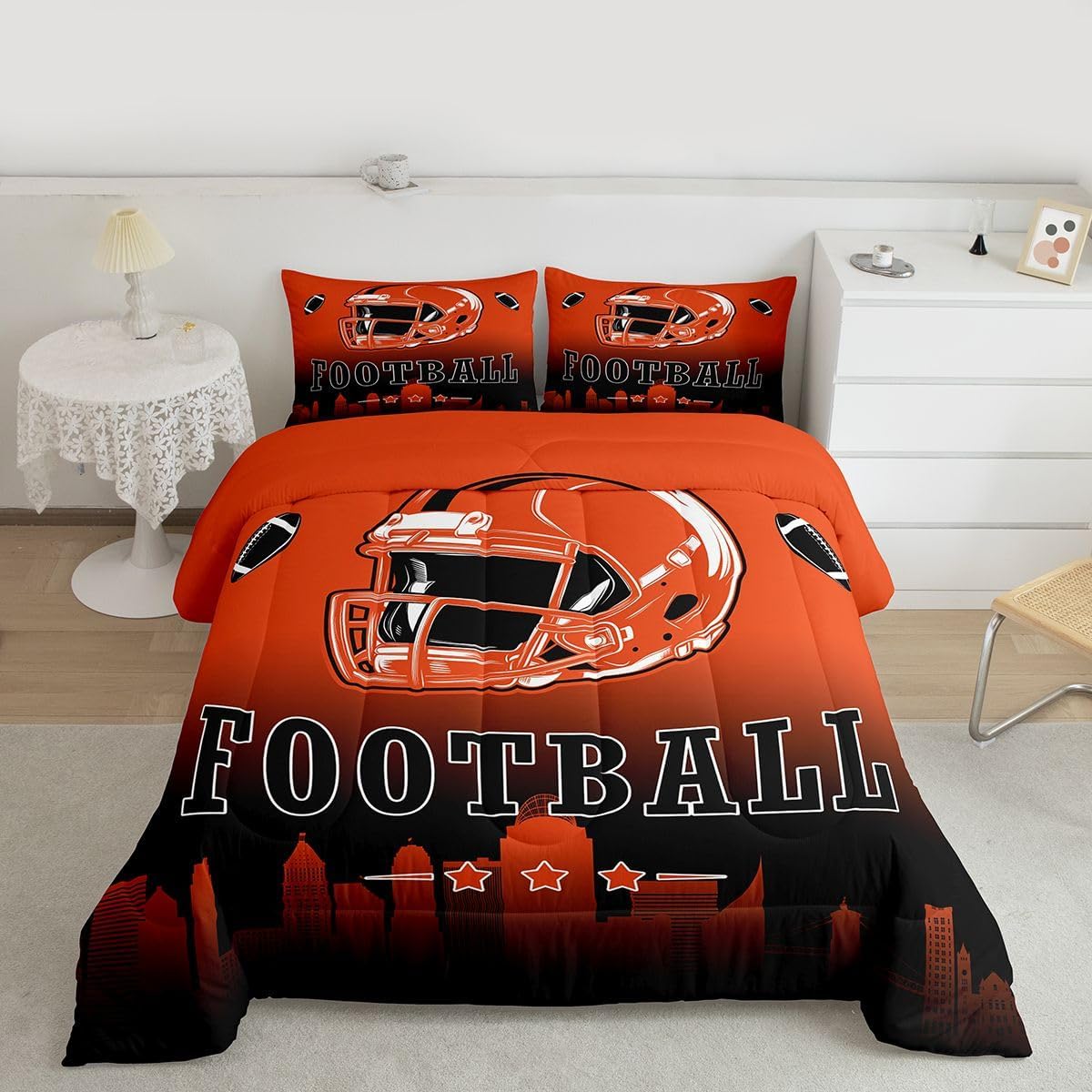 Erosebridal Football Queen Comforter Set American Rugby Bedding Set for Boys Girls,Football City Comforter Orange Black Ombre Quilt for Kids Teen Adults Room Decor image 2