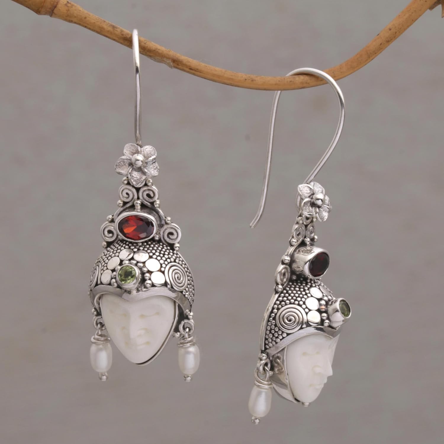 NOVICA Artisan Handmade Multigemstone Dangle Earrings Faceshaped from Bali Sterling Silver Bone Garnet Peridot Pearl Freshwater Cultured White Indonesia Floral Birthstone [2.1 in H x 0.7 in W x 0.4 I]