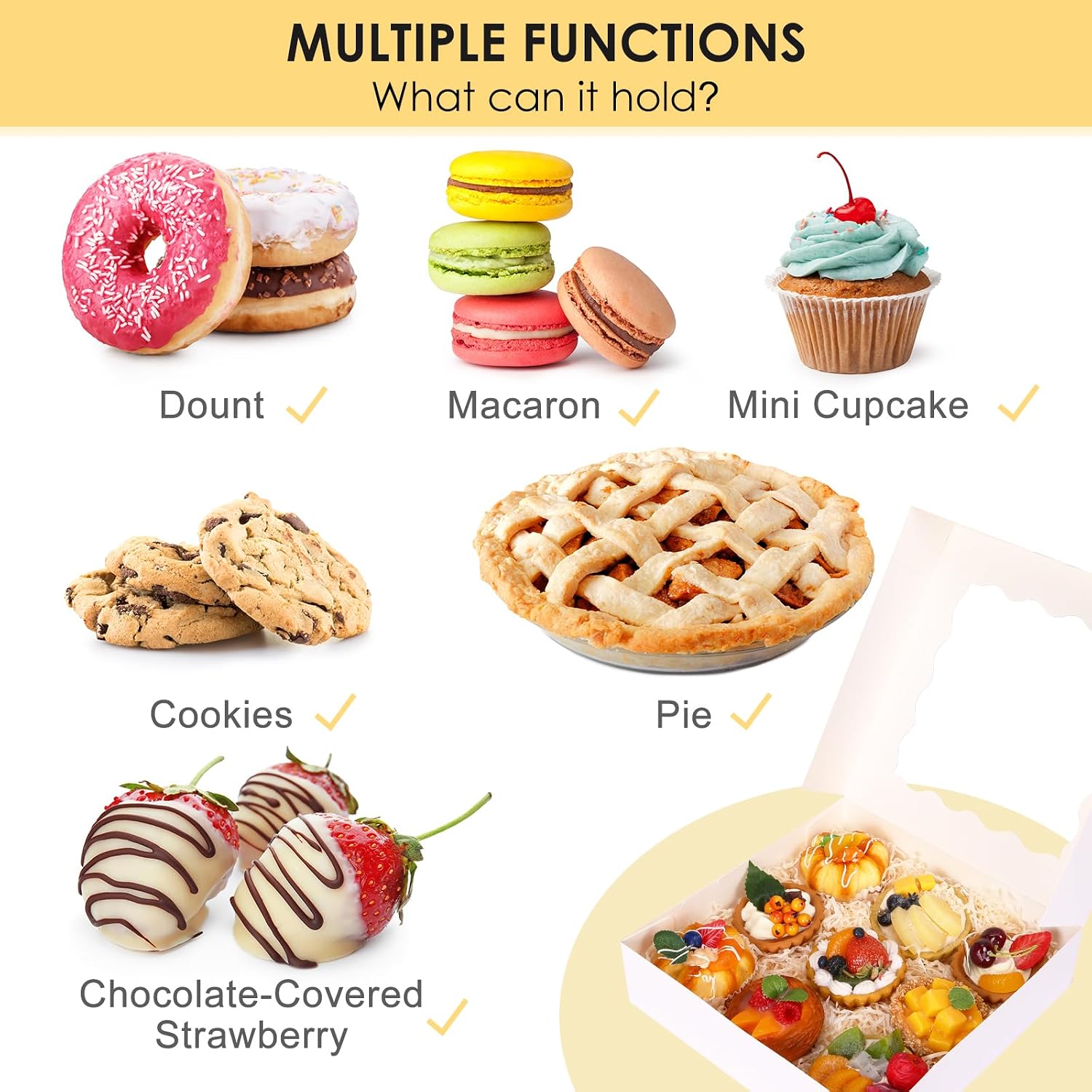 Moretoes 24pcs Bakery Boxes, 10x10x2.5 Inches Auto-Popup Pie Boxes for Cookies, Chocolate Covered Strawberries, Pies, Donuts, Muffins thumbnail