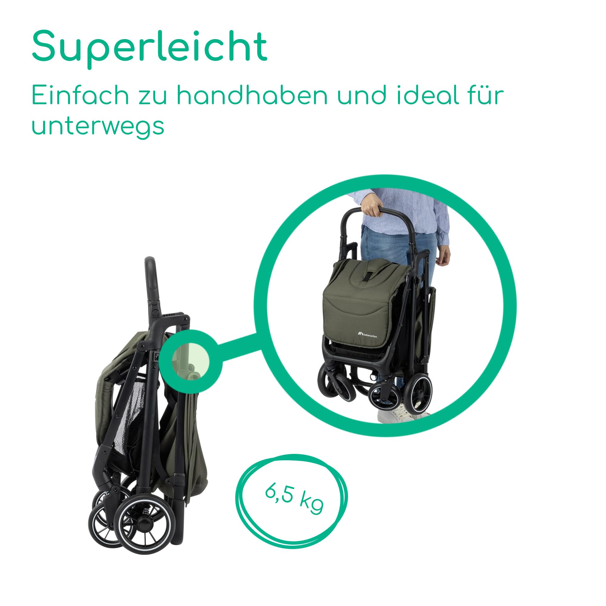 Bebeconfort Azur, Kinderwagen Buggy Kompakt, 0–3 Jahre (15 kg), Leichter Reisebuggy, Automatisch Einhändig Klappbar, Stufenlos Flach Verstellbar, Großer Korb, Mineral Green