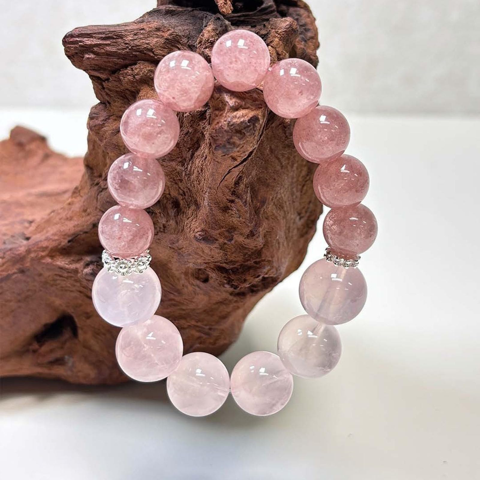 Bracelet en Quartz Rose à Quartz Fraise, Bracelets naturels Faits à la Main, Bracelet Extensible en Pierres précieuses Roses Naturelles pour l'amour, l'énergie Positive, méditation,12MM