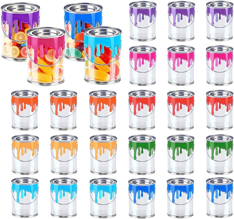 24 Pcs Mini Plastic Buckets with Lids,Clear Paint Can Containers,Painting Art Party Gift Cans,Small Container Cans for Craft DIY Candy Decoration for Parties,Candy,Picnics and Decorations