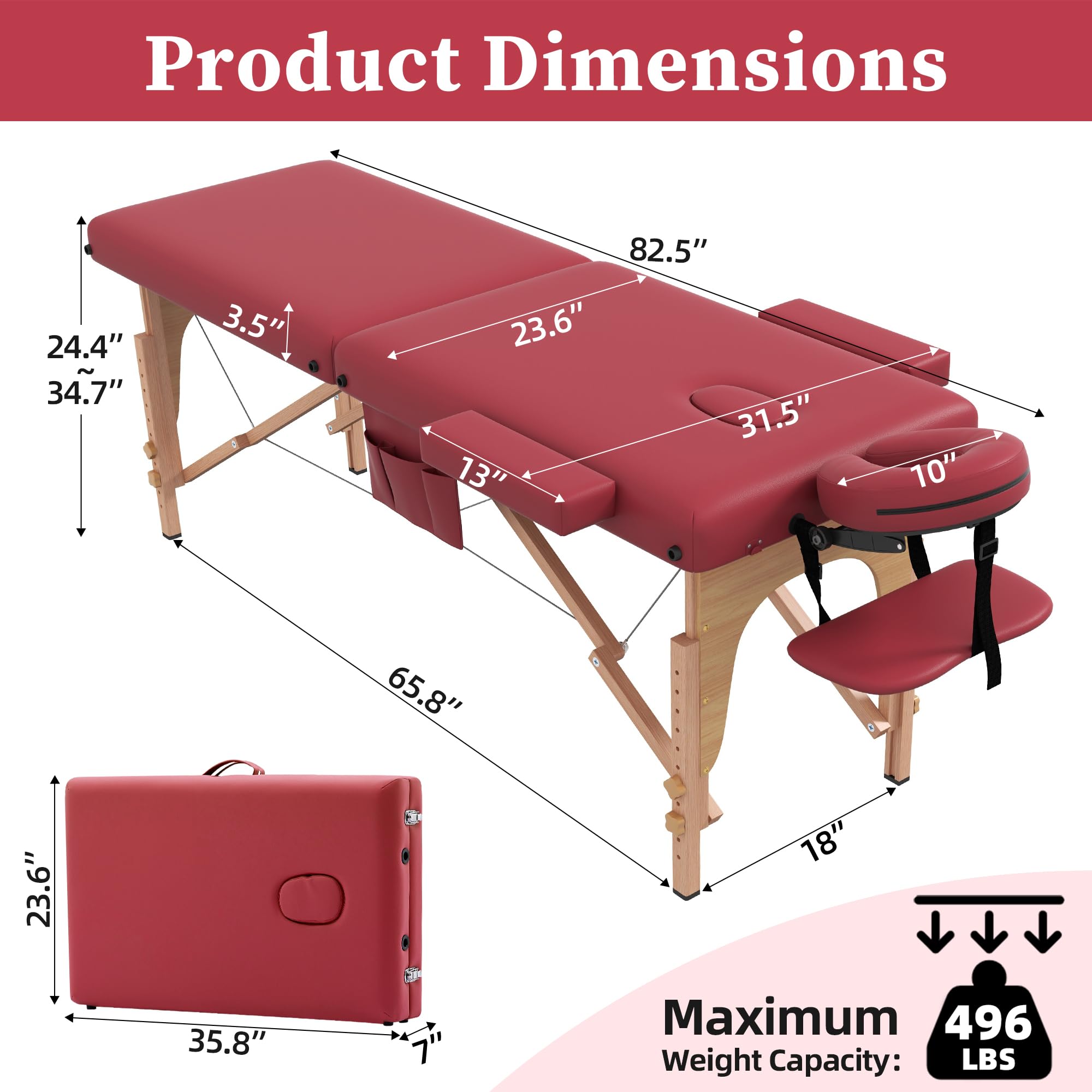 civama Camilla de masaje portátil, 13 kg, peso ligero, plegable, cuidado facial, spa, pestañas, marco de aluminio con bolsa de transporte de accesorios, color burdeos