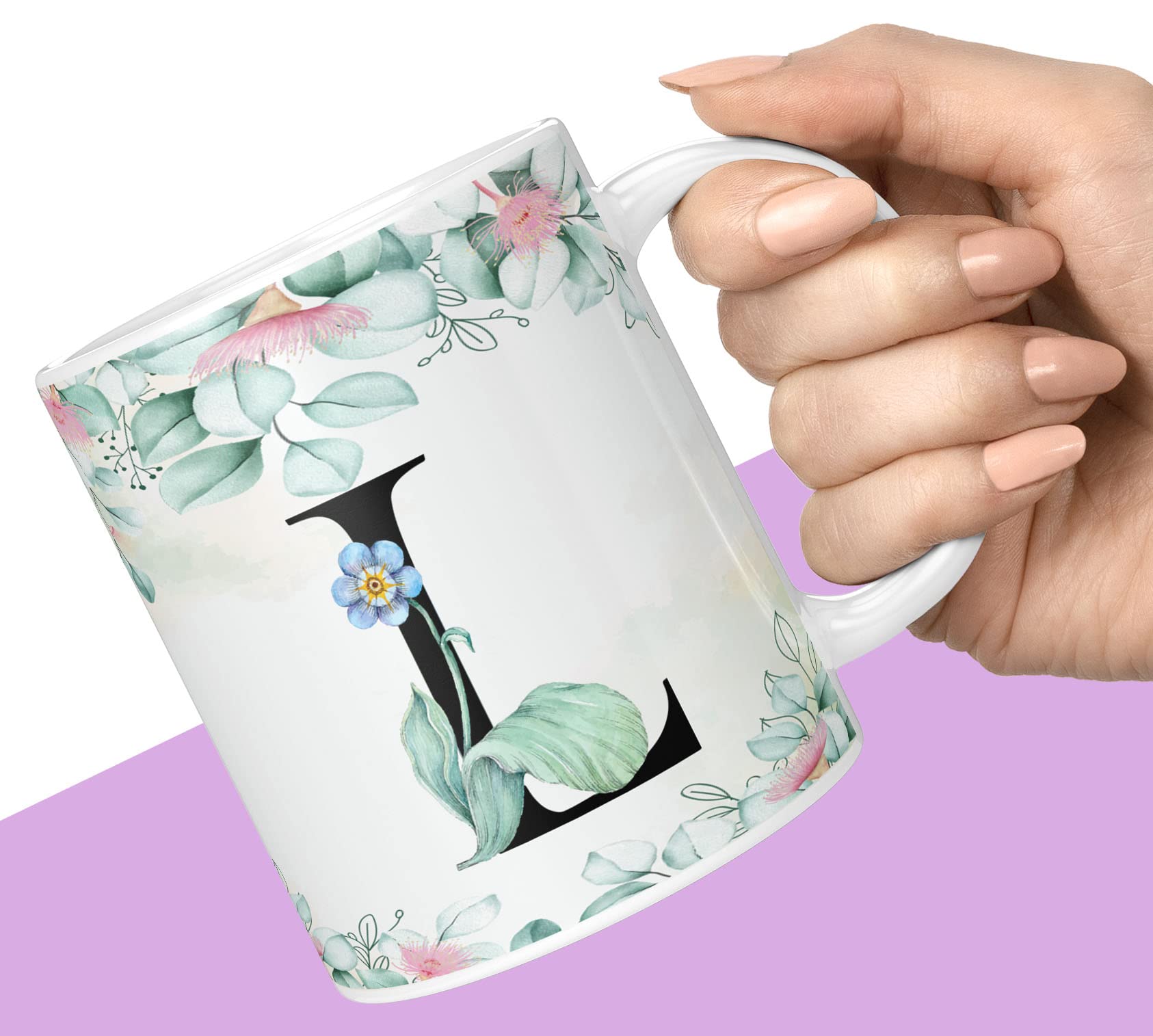 NH10 DESIGNS Colorful Floral Alphabet Letter L Printed Coffee Mug For Girls Boys Friends Love Kids Best Gift For Birthday Anniversary Initial Letter L (Microwave Safe Ceramic Tea Coffee Mug-350ml) - ABVWM2 166