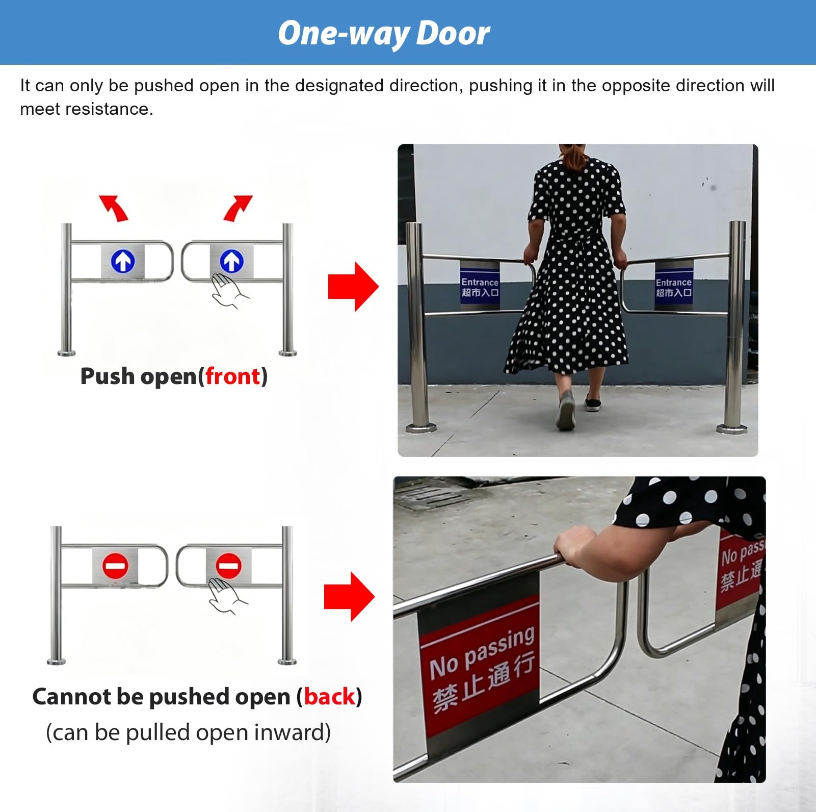 Puerta oscilante de seguridad industrial resistente con resorte, puerta manual de cierre automático unidireccional para un acceso seguro de peatones en supermercados y almacenes