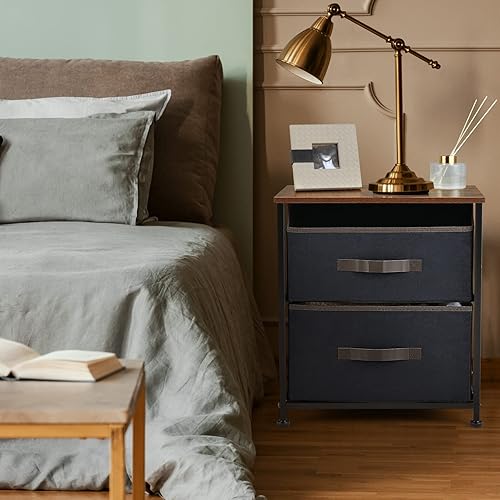 Miniatura 8 de Giantex Mesita de noche con 2 cajones, juego de 2, mesa auxiliar pequeña con contenedores de tela extraíbles y parte superior de madera, marco de