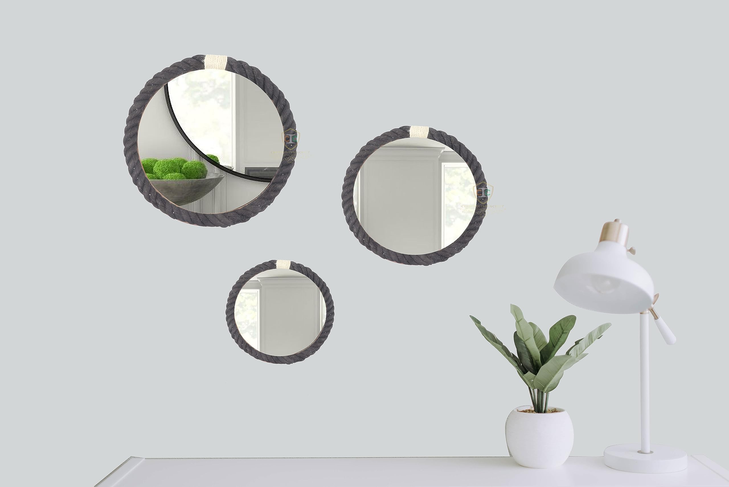 Creation India CraftWooden Round Wall Mirror Sets for Living Room, Home Decor & Bedroom, Round Hanging Wall Decor Accessories Hallway Mirror Set of 3 Black Rope