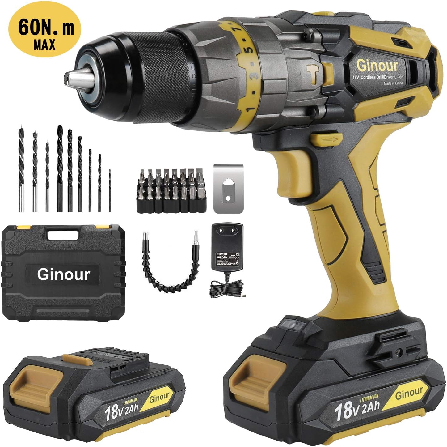 Cordless Drill Driver, 60N.m 18V Ginour 21+3 Torque Combi Drill Set Electric Drill Screwdriver 43 Accessories, 2Pcs 2000mAh Lithium Batteries, 13mm Collet, Double Speed, Led Light