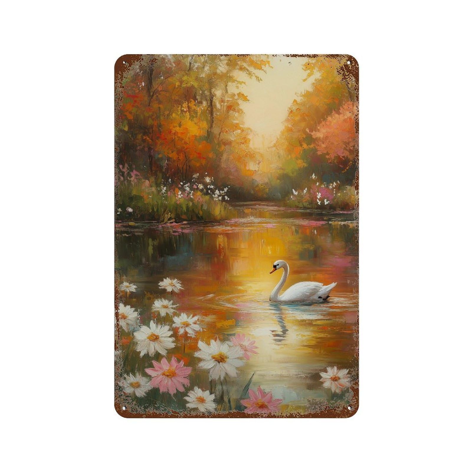 Autumnal Lake with Swans Decorative Tin Sign 11.8"x7.9", Classic Wall Plaque for Garage, Pub Or Kitchen
