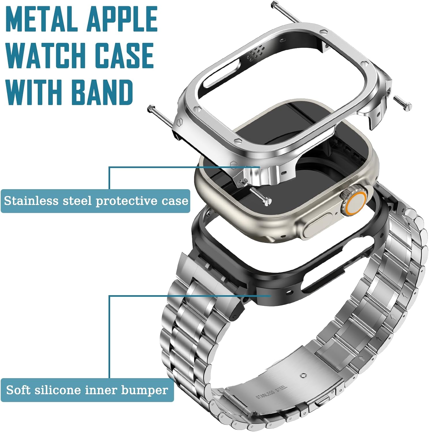 MioHHR Stainless Steel Watch Band with Case Compatible with Apple Watch Ultra3/2/1 Series 11 10 9 8 7 6 5 4 3 2 1 SE3/2/1, Metal Strap with Protective Cover for iWatch 49/46/45/44/42/41/40/38mm Men - Image 3