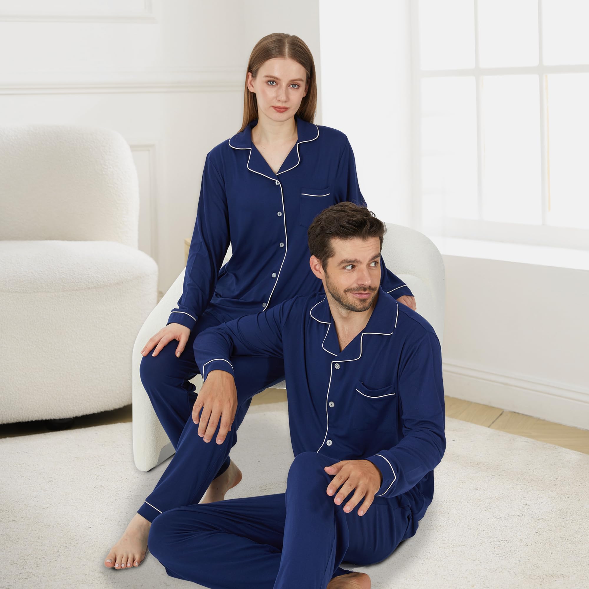 PJGGZ Pijamas a juego para parejas, conjunto de pijama con botones para hombres y mujeres, ropa de descanso suave y cálida