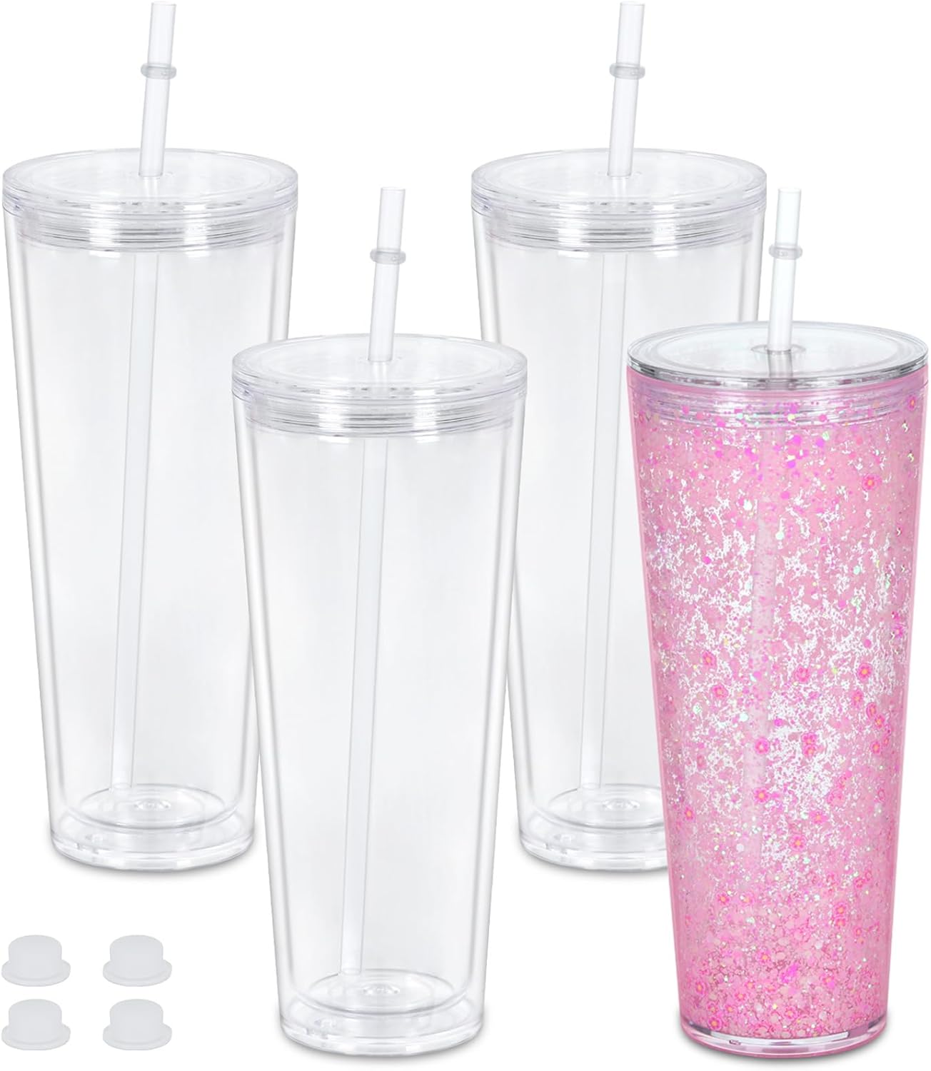 Maucircol 24 Oz Acrylic Snowglobe Tumbler, 4 Pack Pre-Drilled Double Wall Acrylic Clear Cup For Glitter Snow Globe Diy, Double Wall Snowglobe Cup