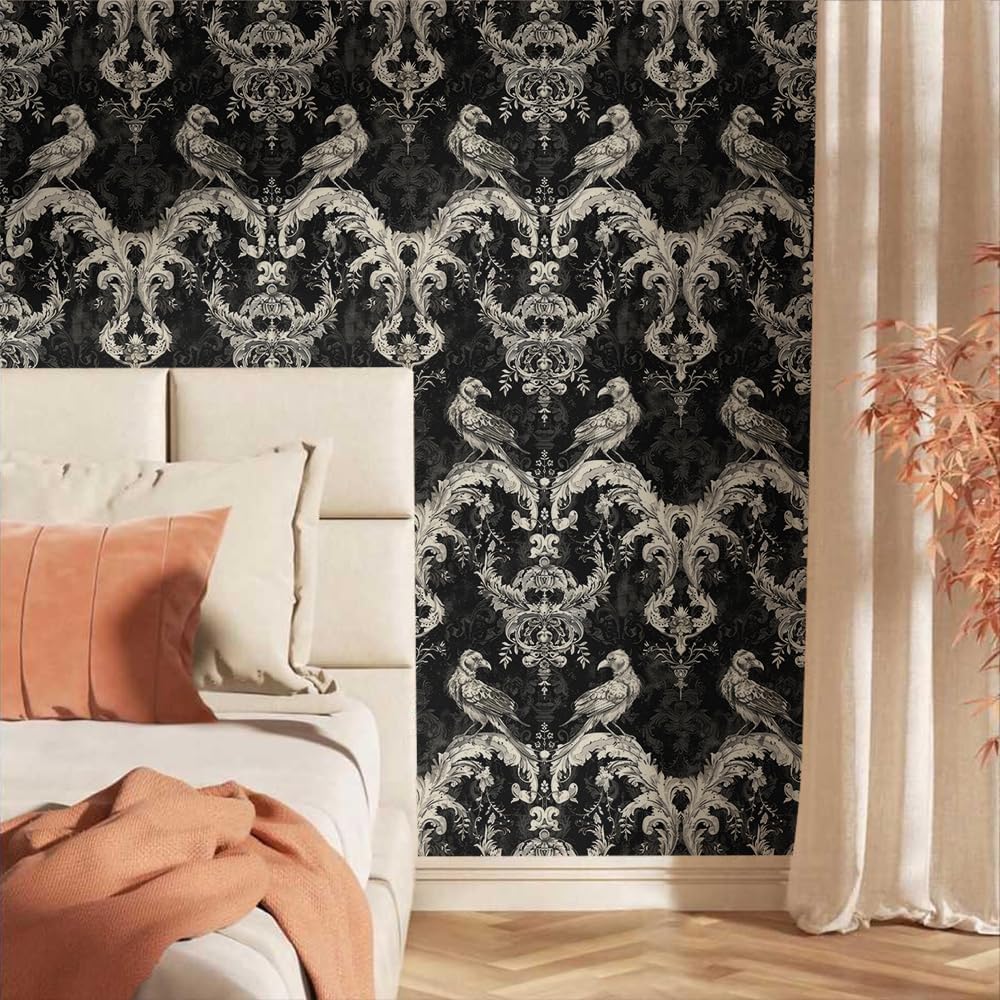 18"x236" Vintage Black and White Damask Flower Birds Peel and Stick Self Adhesive Wallpaper Removable Contact Paper Stick on Easy Peel Off Wall Paper for Kitchen Bedroom Bathroom Renter