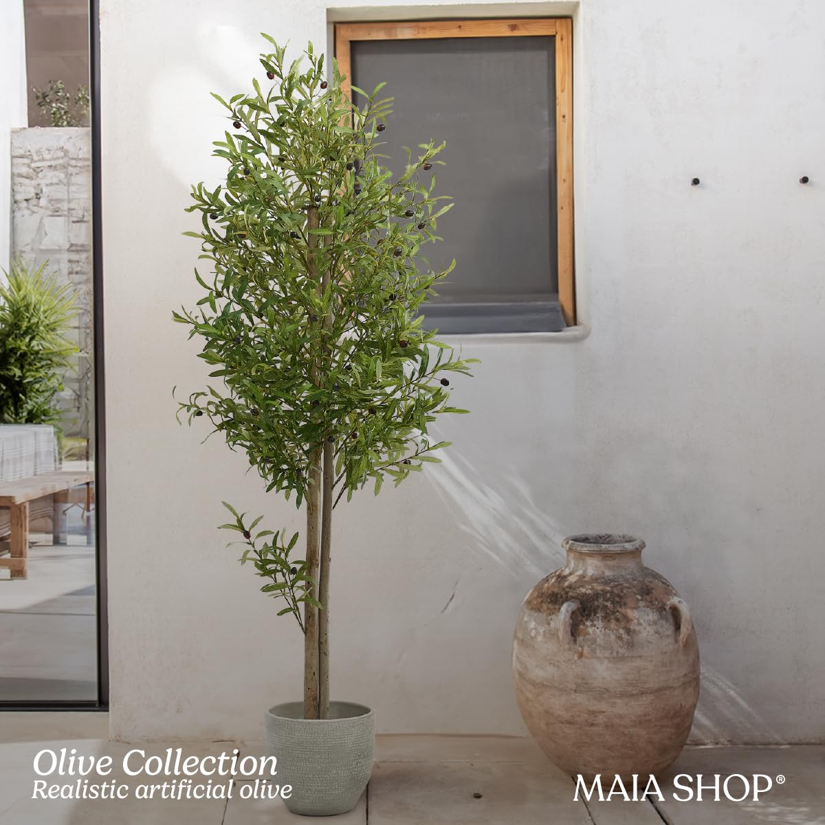 OAKRED Albero di ulivo artificiale, 1,2 m, in finta seta, con tronco in legno naturale, albero finto in vaso, per decorazione casa, ufficio, portico
