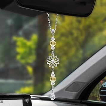 Flower Rear View Mirror Car Charms, Rear View Mirror Accessories, Crystal Boho Auto Hanging Decor, Sun Catcher Cute Car Interior Decorations Accessories for Women Men Light Yellow