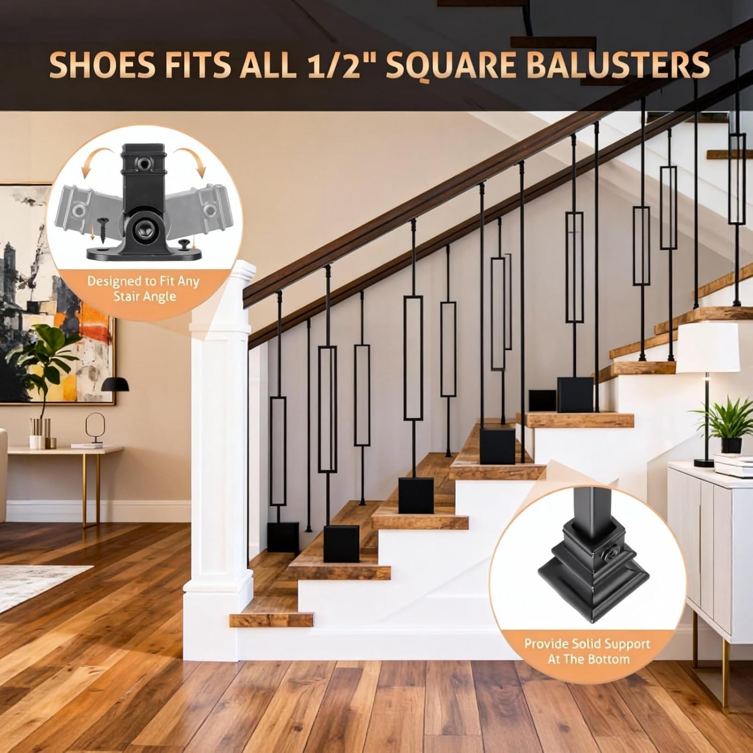 WICHEMI 32 Pack Balusters for Staircase Interior, 44" x1/2" Wrought Iron Stair Balusters Indoor Hollow 16 Single Rectangle 16 Straight with 64 Fixed Swivel Shoes