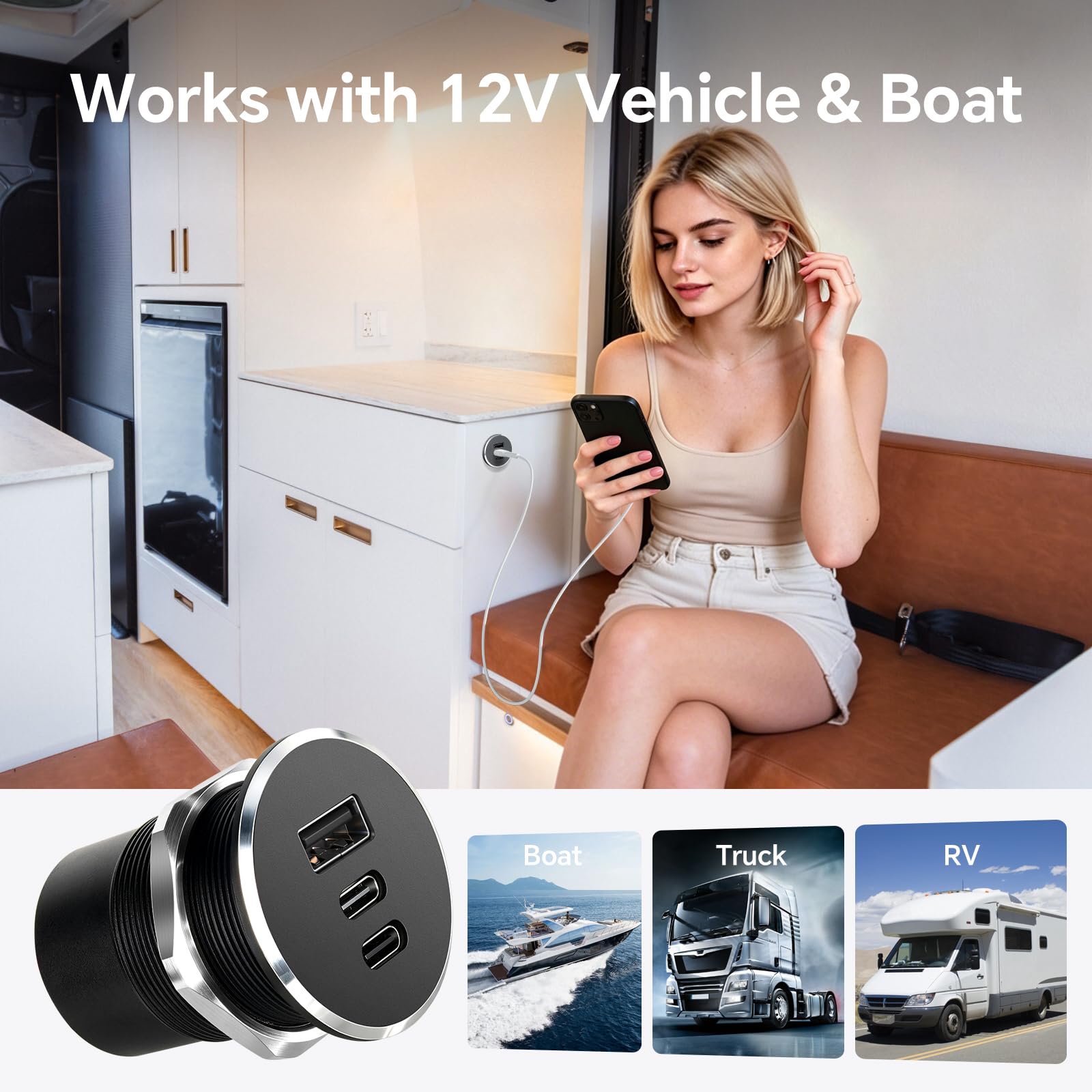 Gniazdo USB C 12 V, kamper USB, całkowicie aluminiowe, podwójny port typu C PD 3.0 i QC3.0 szybka ładowarka do samochodu, kampera, furgonetki, łodzi, ciężarówki, 2 szt