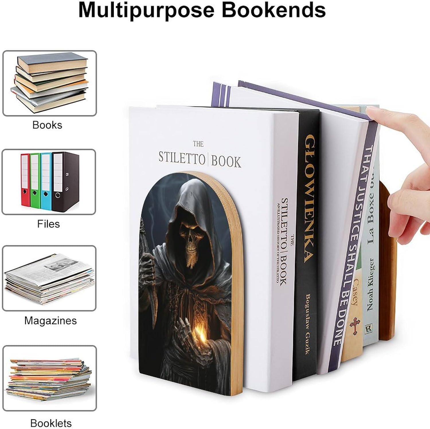 Grim Reaper Book Ends Wooden Bookends Non-Skid Metal Base Heavy Duty Book Shelves Decor, Decorative Bookends for Books/CDs Bookshelf Table Home Decor