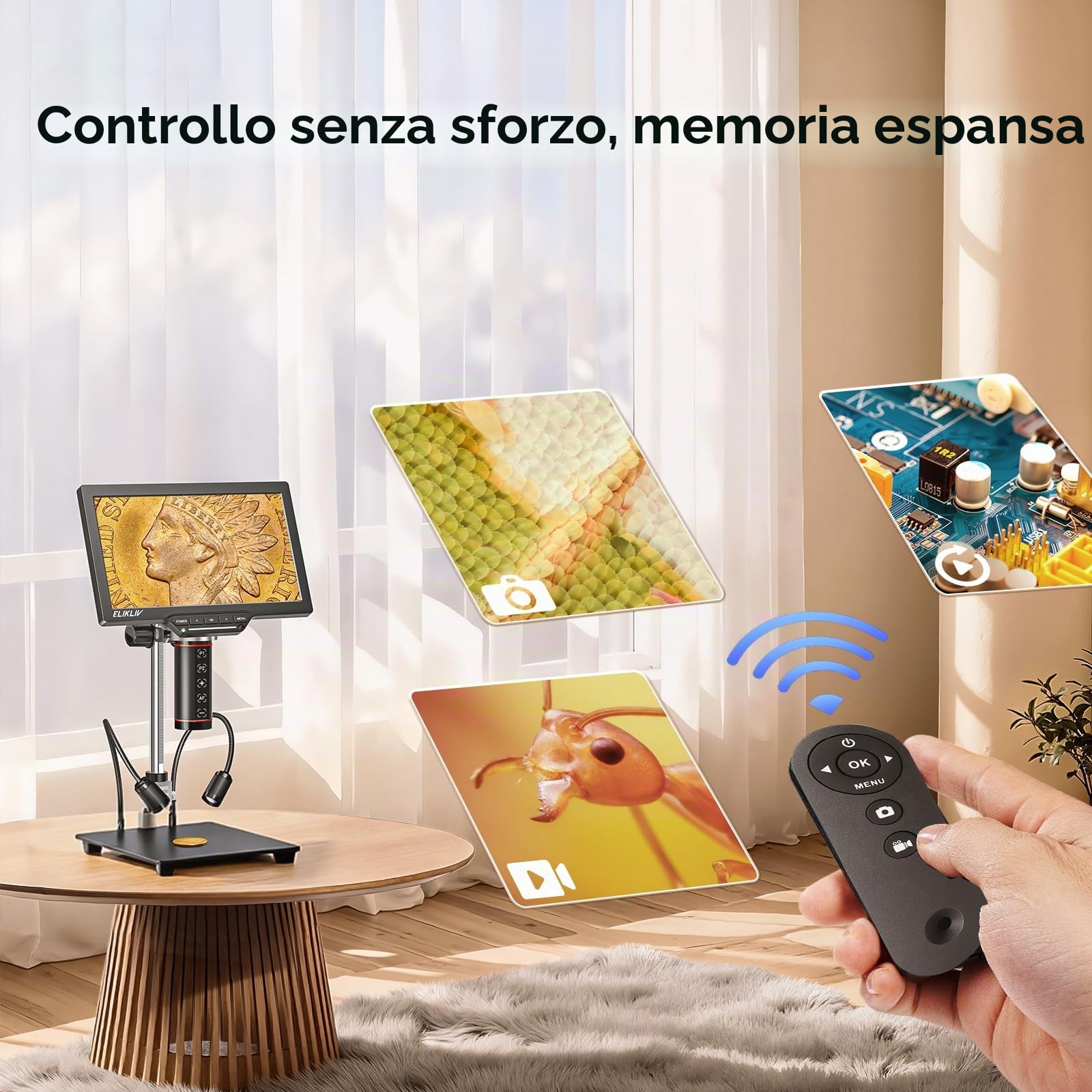 Elikliv EM3K-AF Microscopio Digitale 3K Autofocus HDMI per Saldature, Schermo LCD da 7" e 38MP, Lente per Monete e Saldatura, Supporto da 10'', Compatibile PC/Windows/Mac OS, 64 GB
