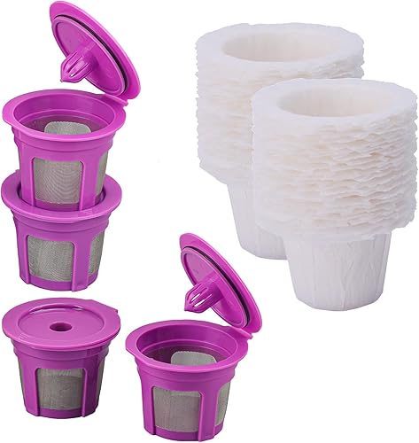 Miniatura 5 de Heatyly Paquete de 4 cápsulas de café reutilizables K Cup con 100 filtros de papel de café desechables, compatibles con cafetera Keurig de una sola