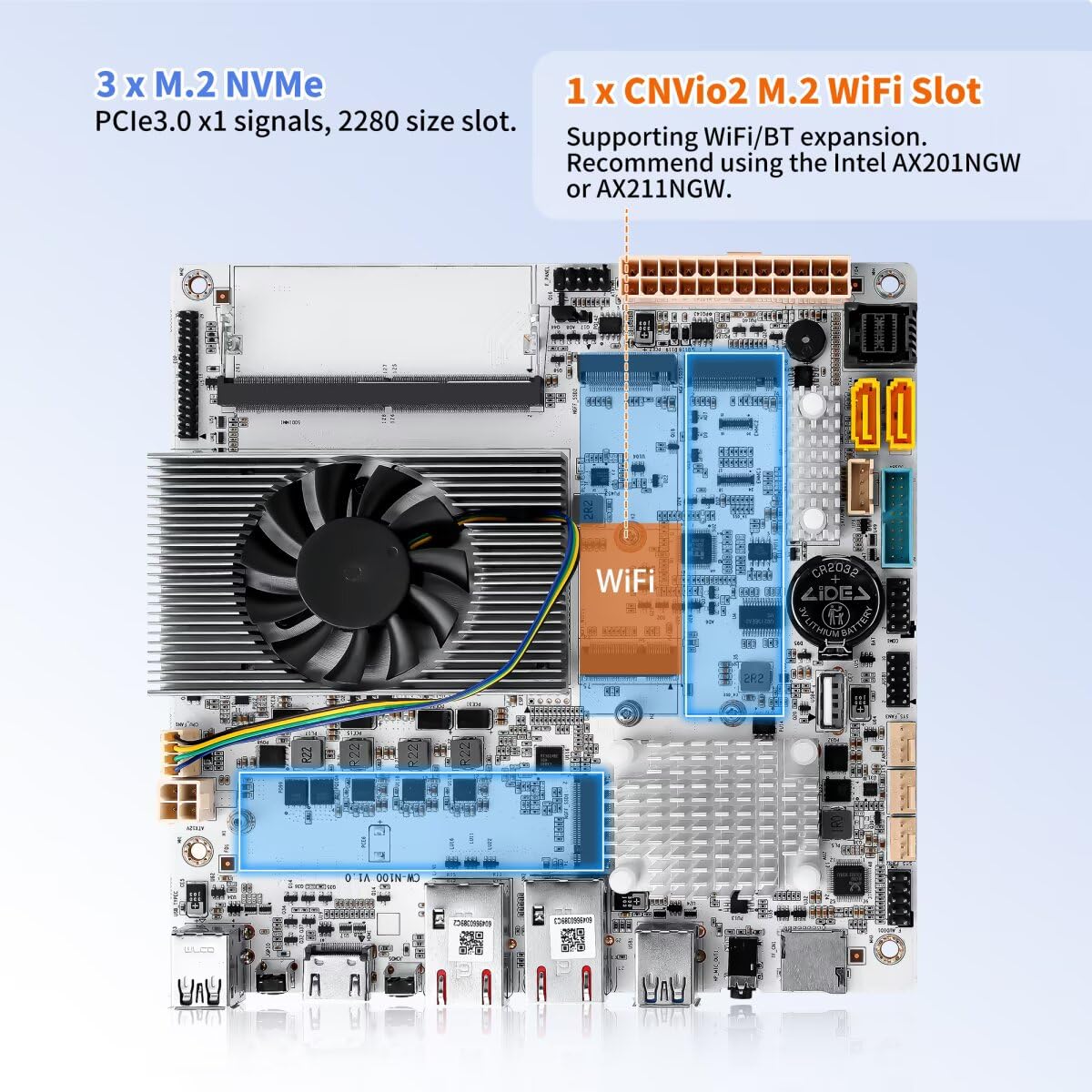 NAS Motherboard N150 6 Bay, Dual RJ45 10GBE LAN, Mini-ITX Mainboard, 3 x M.2 NVMe Mini Computer Board, DDR5 Barebone, Low Power Home Server Board, HD2.0