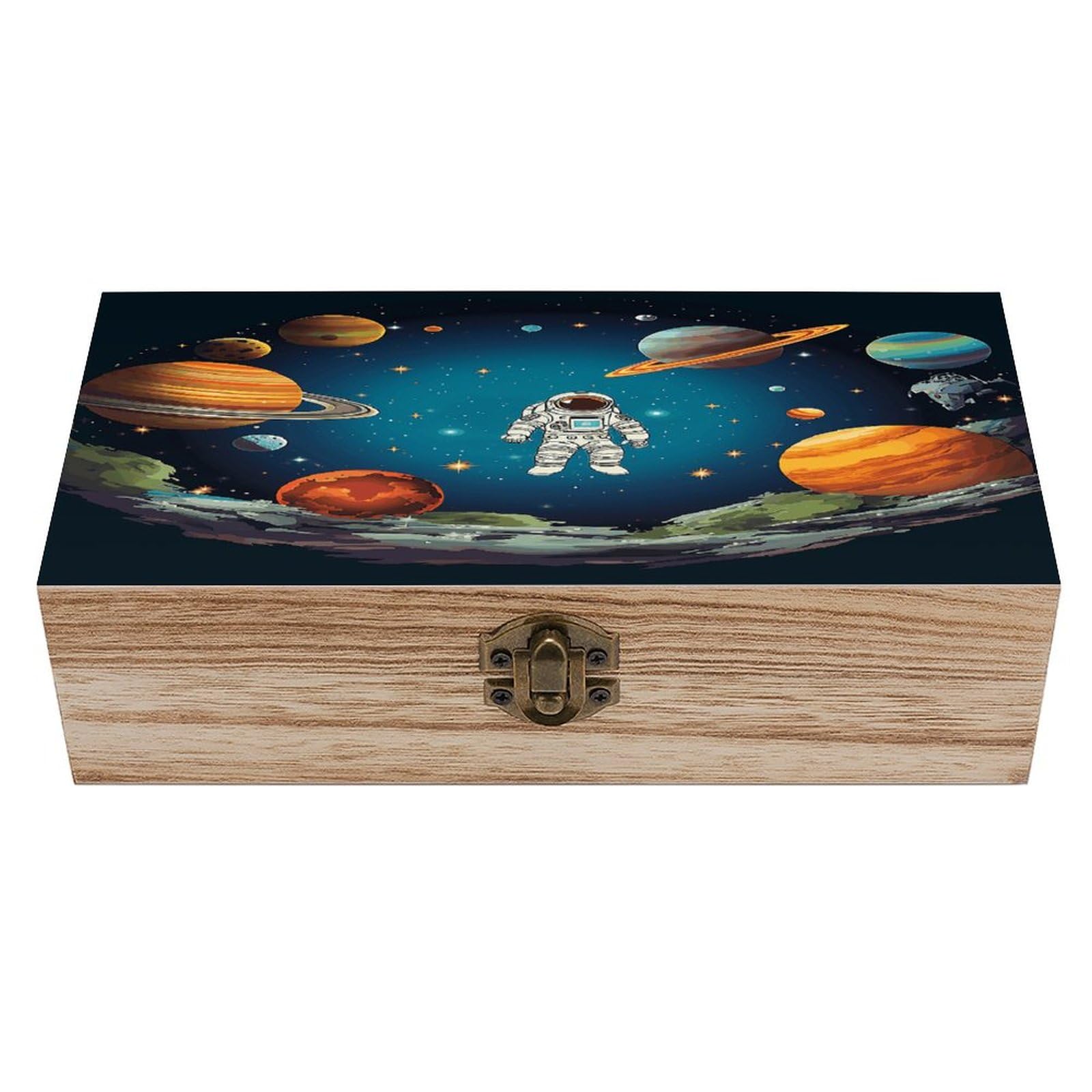 Ykudbn Style Wooden Storage Box, Outer Space Rocket Astronaut Print Wooden Jewelry Organizer Decorative Keepsake Box Office Desk Organizer