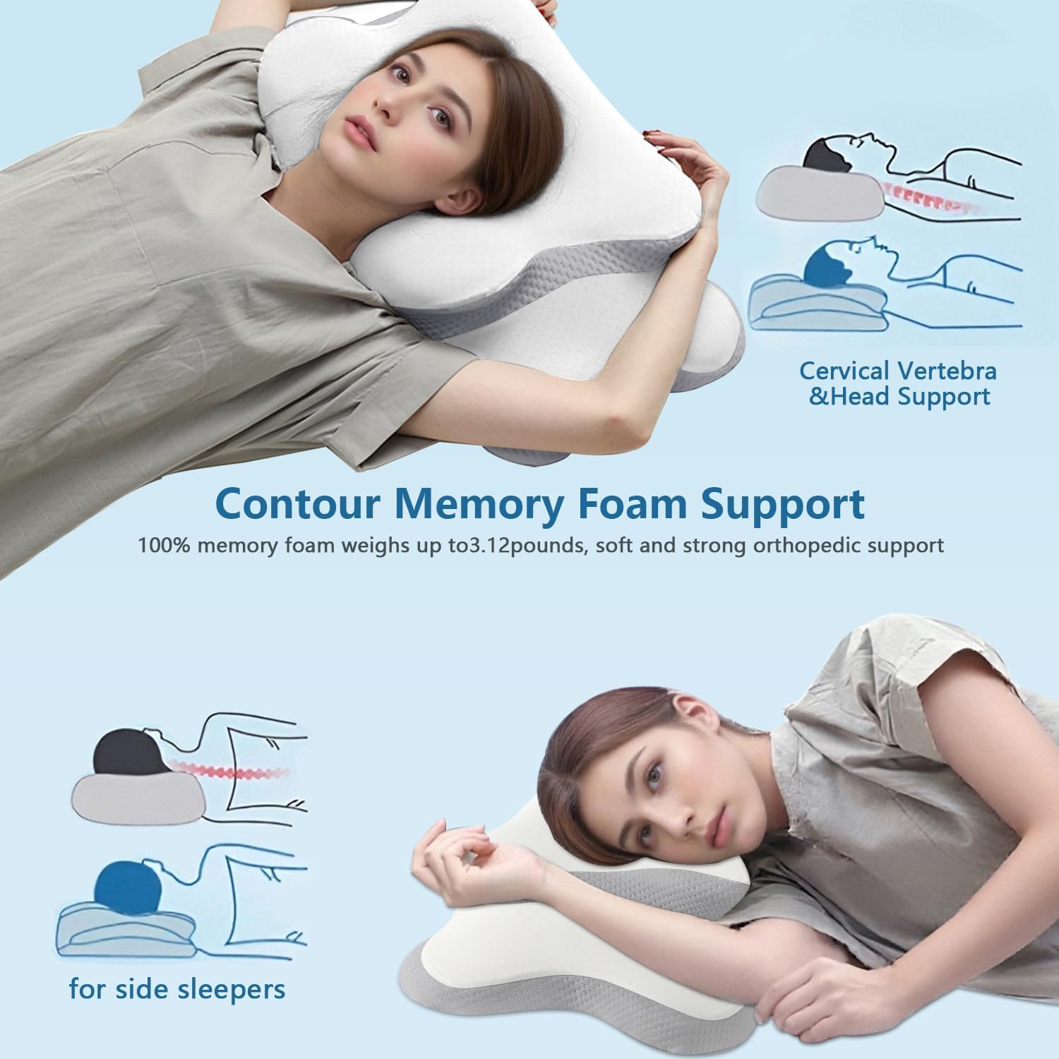 Pillow for Sleep Apnea, Neck Pain, and Snoring Relief | Cervical Neck Pillow for Side Sleepers | Orthopedic Memory Foam with Ergonomic Support (White)
