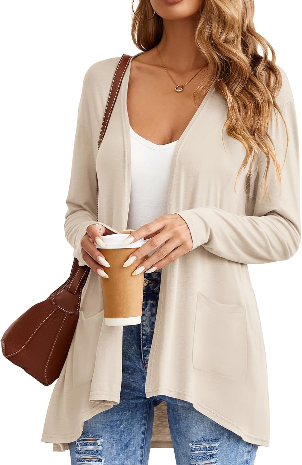 Women’s Open Front Long Sleeve Cardigan with Pockets Casual Lightweight Fall Knit Layering Cover Ups Light Khaki 2XL - Image 2
