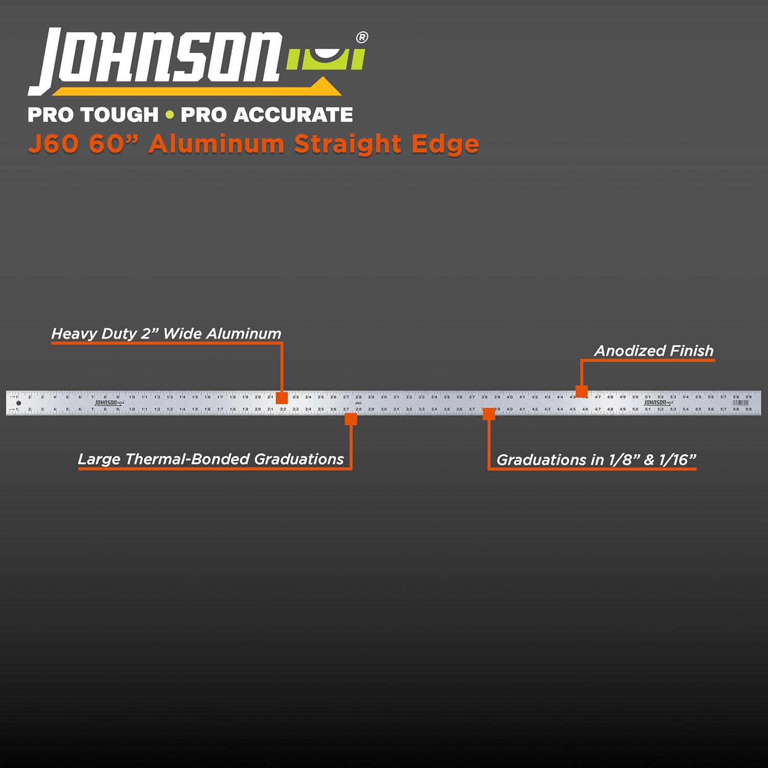 Johnson Level & Tool J60 Aluminum Straight Edge, 60", Silver, 1 Ruler