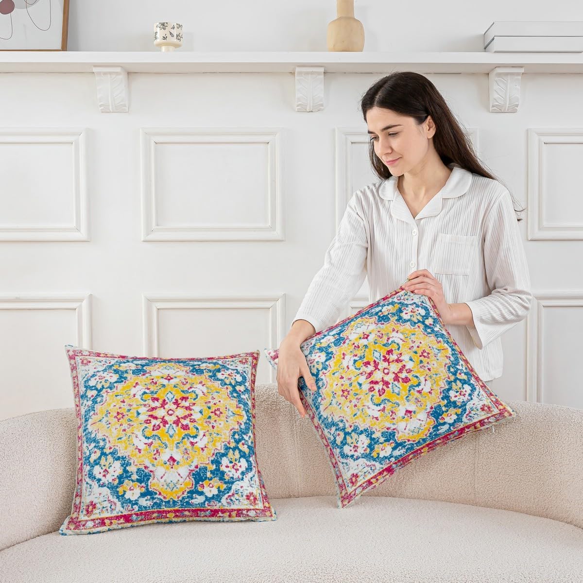 Pack of 2 Ethnic Floral Throw Pillow Covers 24x24, Boho Retro Pillow Covers, Vintage Floral Exotic Cushion Covers For Adults, Yellow Blue Red Bohemian Exotic Reversible Decorative Square Pillow Cases