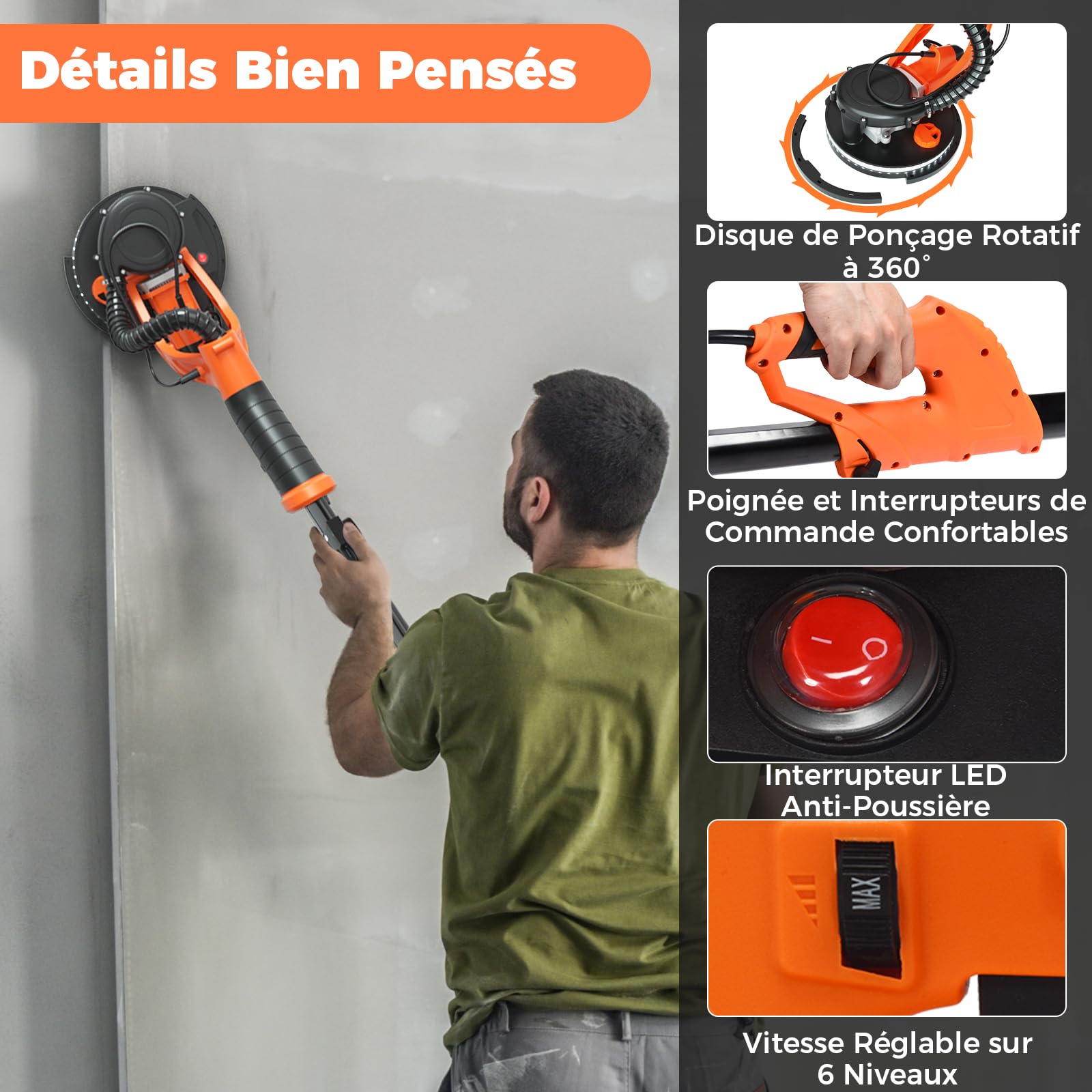 GOPLUS Ponceuse Girafe Aspirante 750W, Ø225mm, Lumières LED, 6 Vitesse, 800-1500 tr/m, Ponceuse Mur et Plafond Électrique Pliable avec Manche Télescopique, 12 Disques Abrasifs 80-240, Sac de Transport