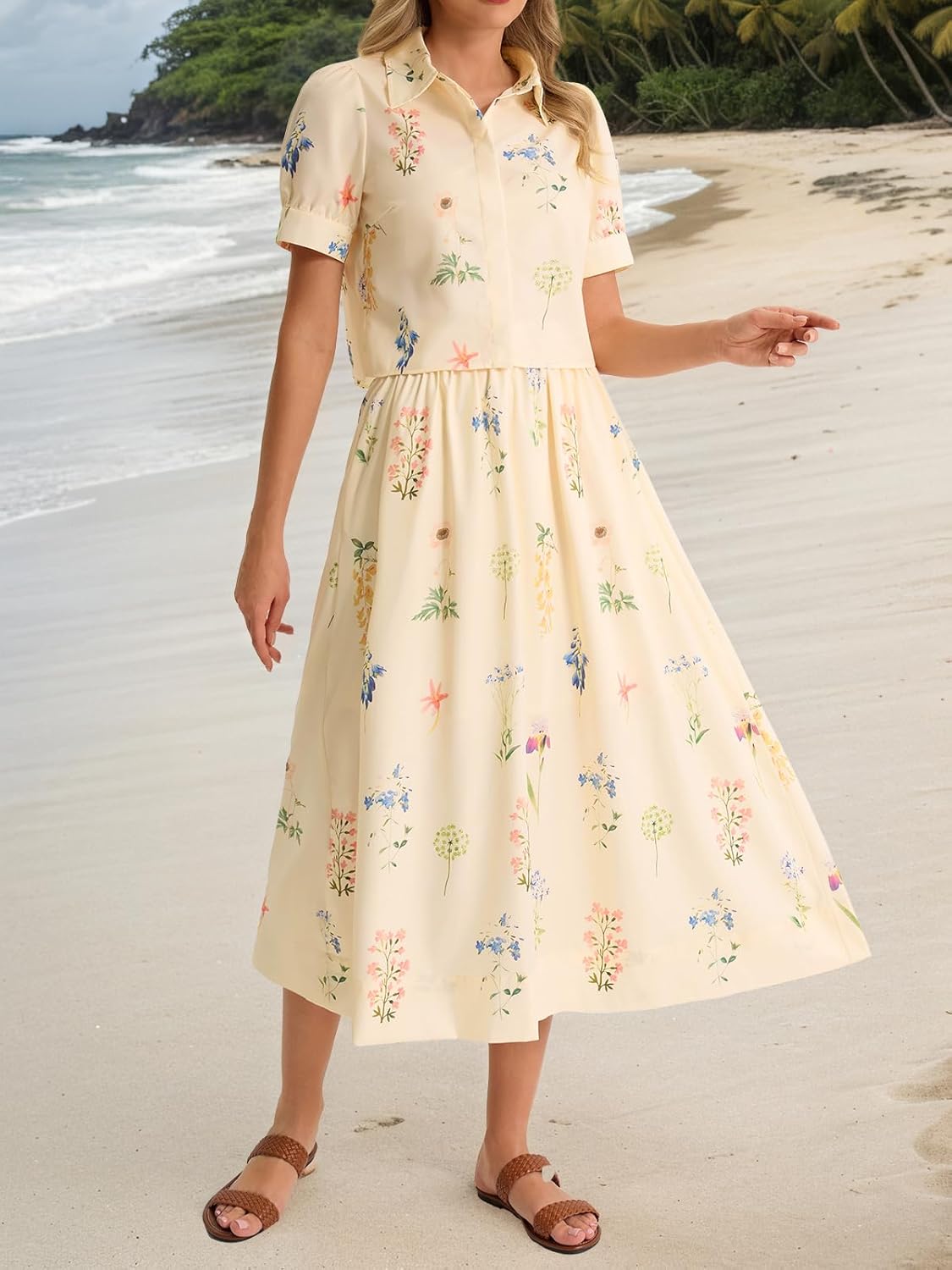 Tankaneo Womens Floral 2 Piece Skirt Set Summer Puff Sleeve Crop Blouse and Maxi Dress Outfits Matching Vacation Outfits - Image 4