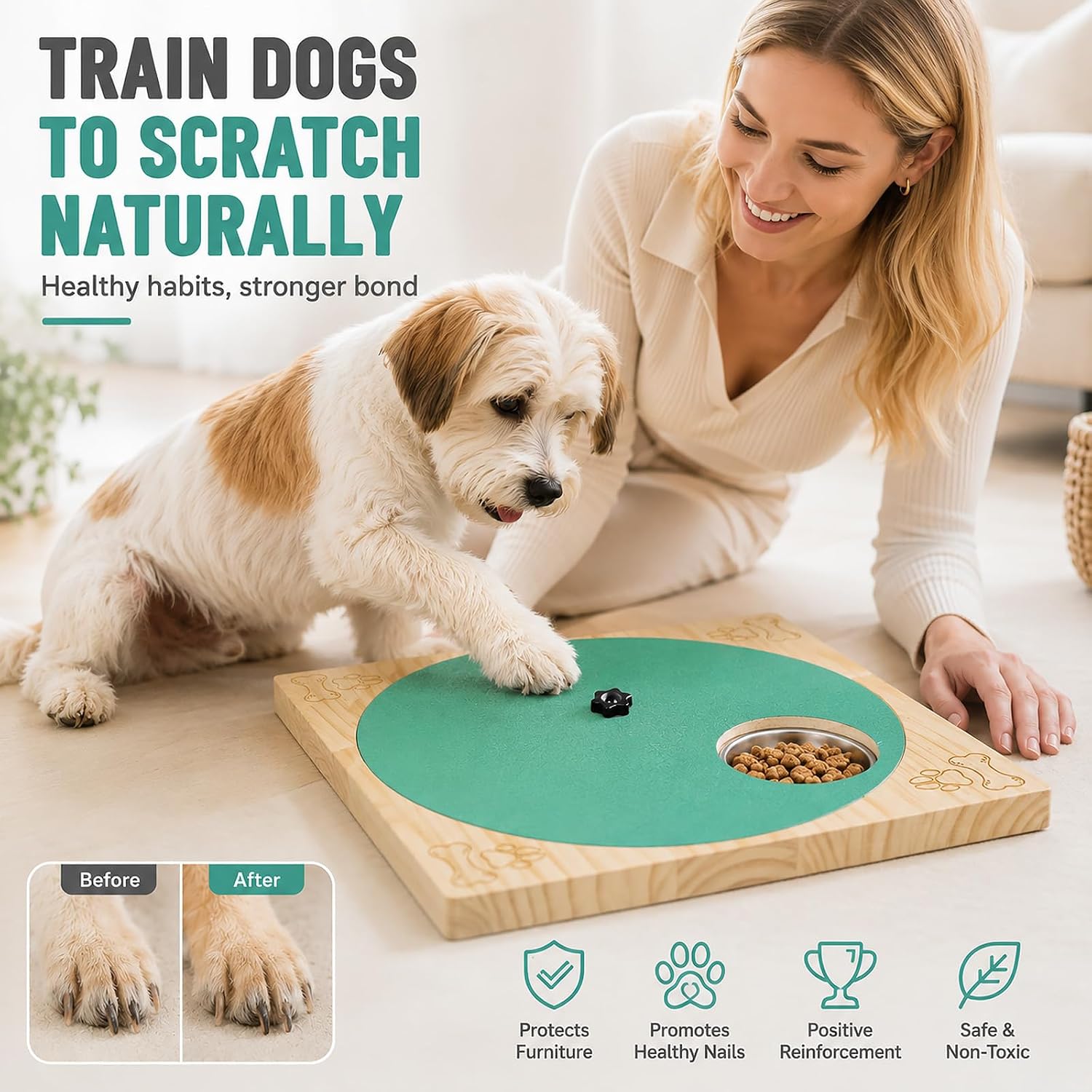 Adjustable Wood Dog Nail Scratch Board with 6 Steel Treat Bowls for Dog Paw Care | Interactive snack training, fits small medium large dogs, detachable washable stainless steel treat bowls