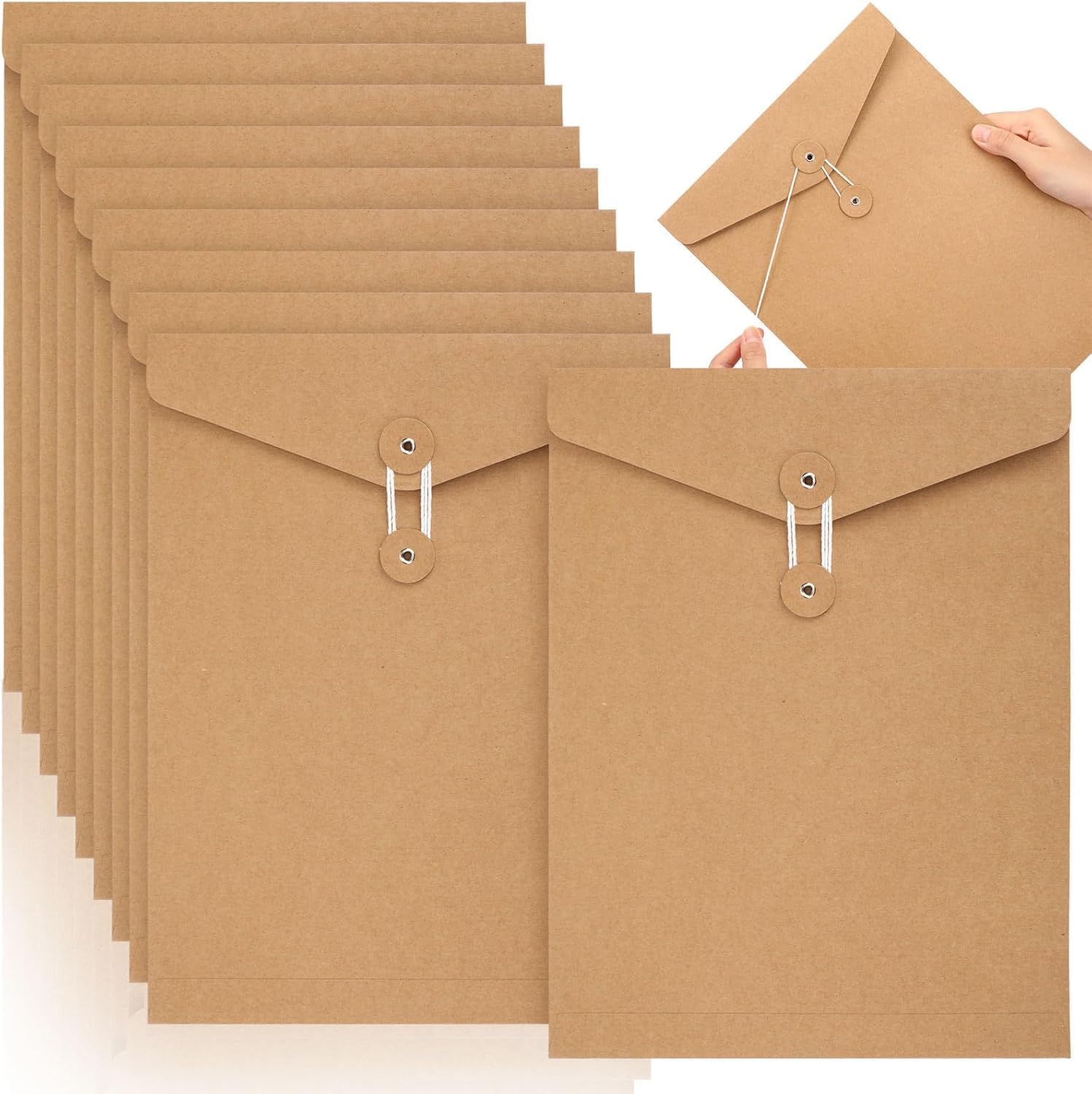 15 Pcs A4 Kraft Paper Envelopes File Folders with String Closure Portfolio Foolscap Paper Organiser Portable Project Pockets Document Wallet Storage Pouch Bills Receipt Bag for Office School Home