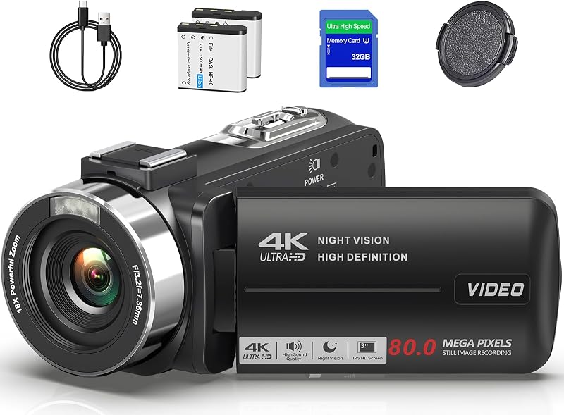 4K UHD 80MP Video Camera Camcorder for Vlogging YouTube Webcam Autofocus | 18X Digital Zoom, 3.0" 270° Rotatable IPS Screen, IR Night Vision; Video Recorder with 32GB SD Card, Lens Cap & 2 Batteries