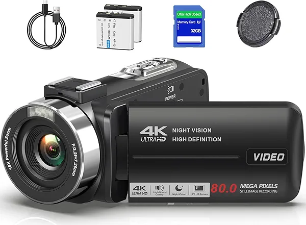 4K Video Camera Camcorder Ultra HD 80MP Vlogging Camera for YouTube 18X Digital Zoom 3.0" IPS 270° Screen IR Night Vision Camcorder Recorder with 32GB SD Card, Lens Cap and 2 Batteries