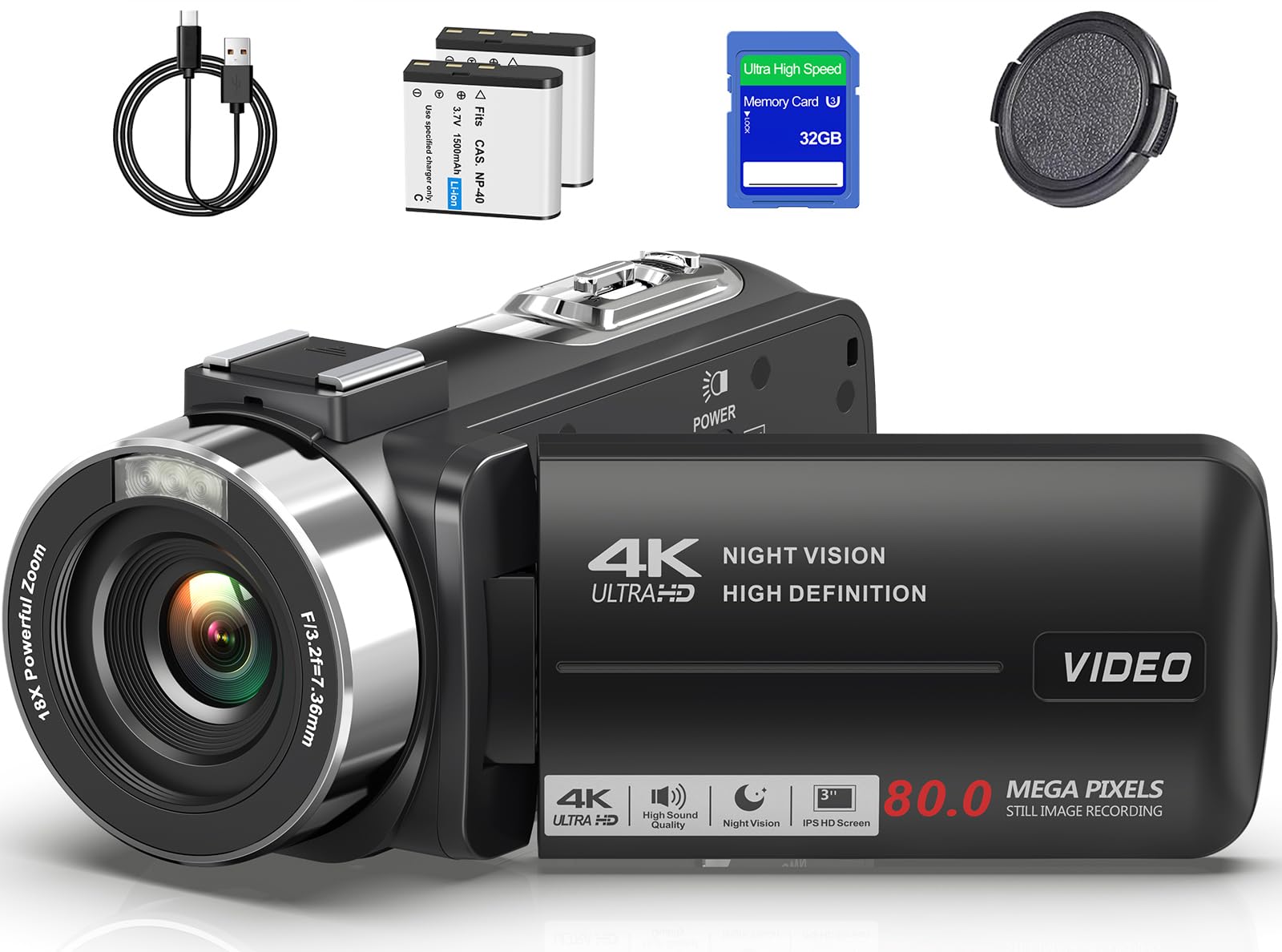 4K Video Camera Camcorder Ultra HD 80MP Vlogging Camera for YouTube 18X Digital Zoom 3.0" IPS 270° Screen IR Night Vision Camcorder Recorder with 32GB SD Card, Lens Cap and 2 Batteries