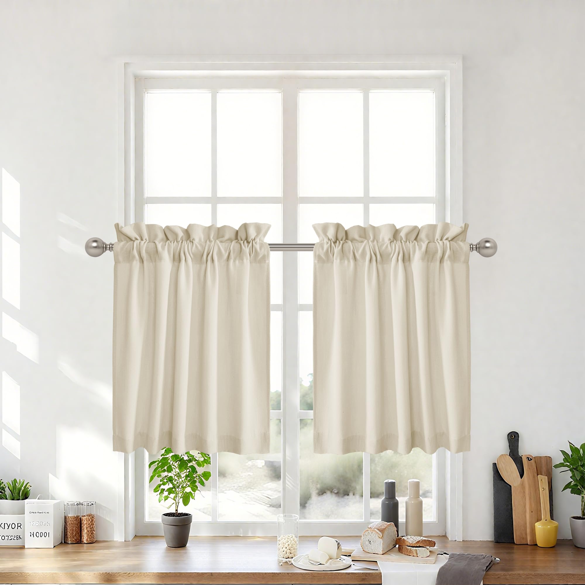 RYB HOME Cafe Curtains 24 inches Length, 2 Panels Kitchen Curtains and Valances Set Faux Linen Blended Shabby Privacy Protect Topper for Kitchen Living Room, Rod Pocket, Linen, W 26 x L 24 inch