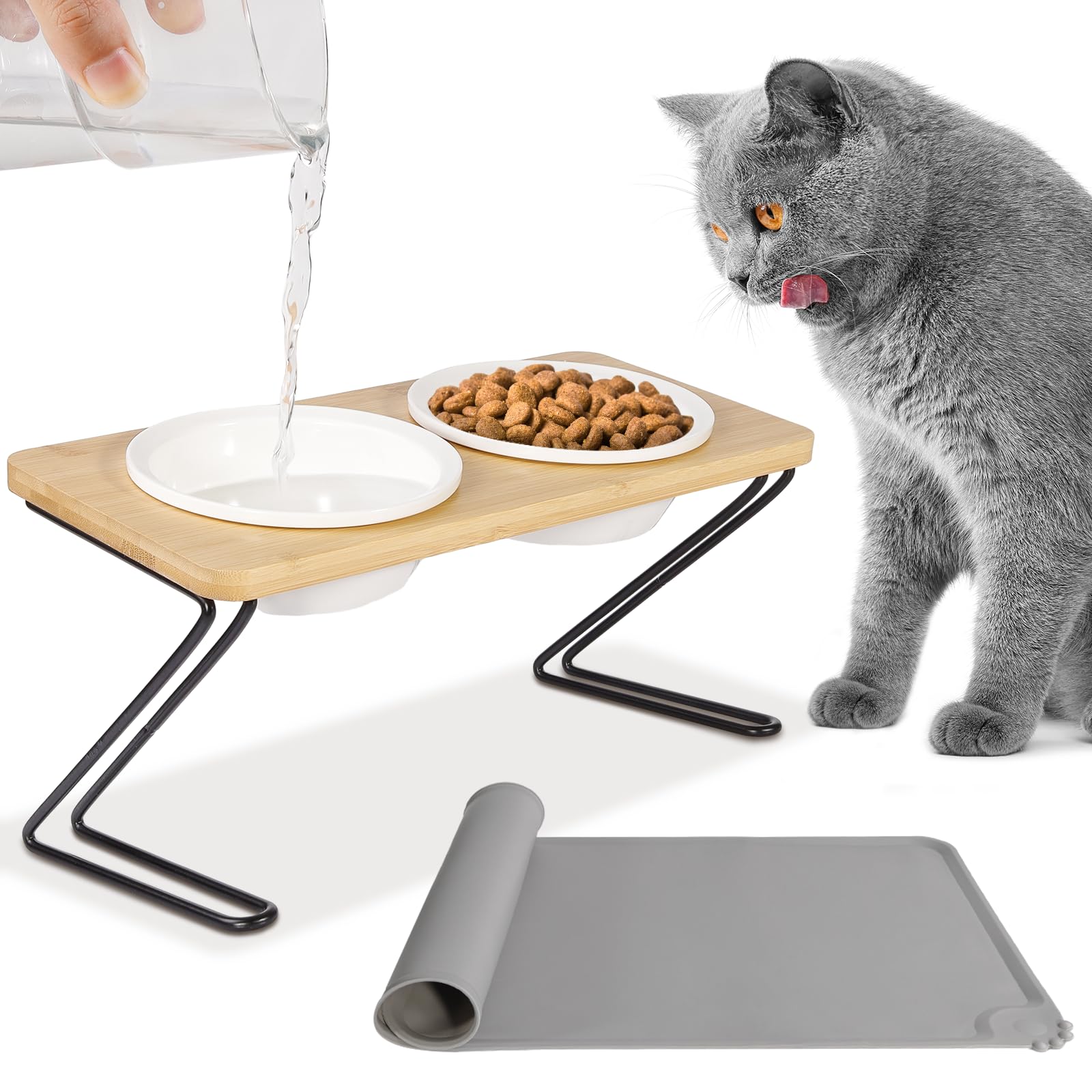 Cat Bowls Elevated Cat Food Bowls 15° Tilted Raise Bowls for Cats and Small Dogs Solid Bamboo Panel with 2 Ceramic Bowls, Z Stands Food Bowls for Cats and Puppies